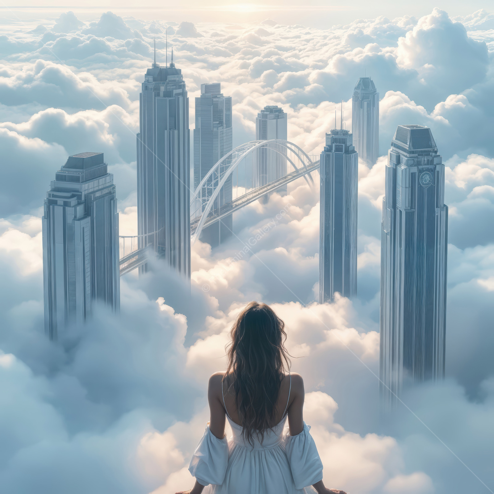 Woman sits among clouds facing mist-wrapped skyscrapers and a slim bridge threading the scene