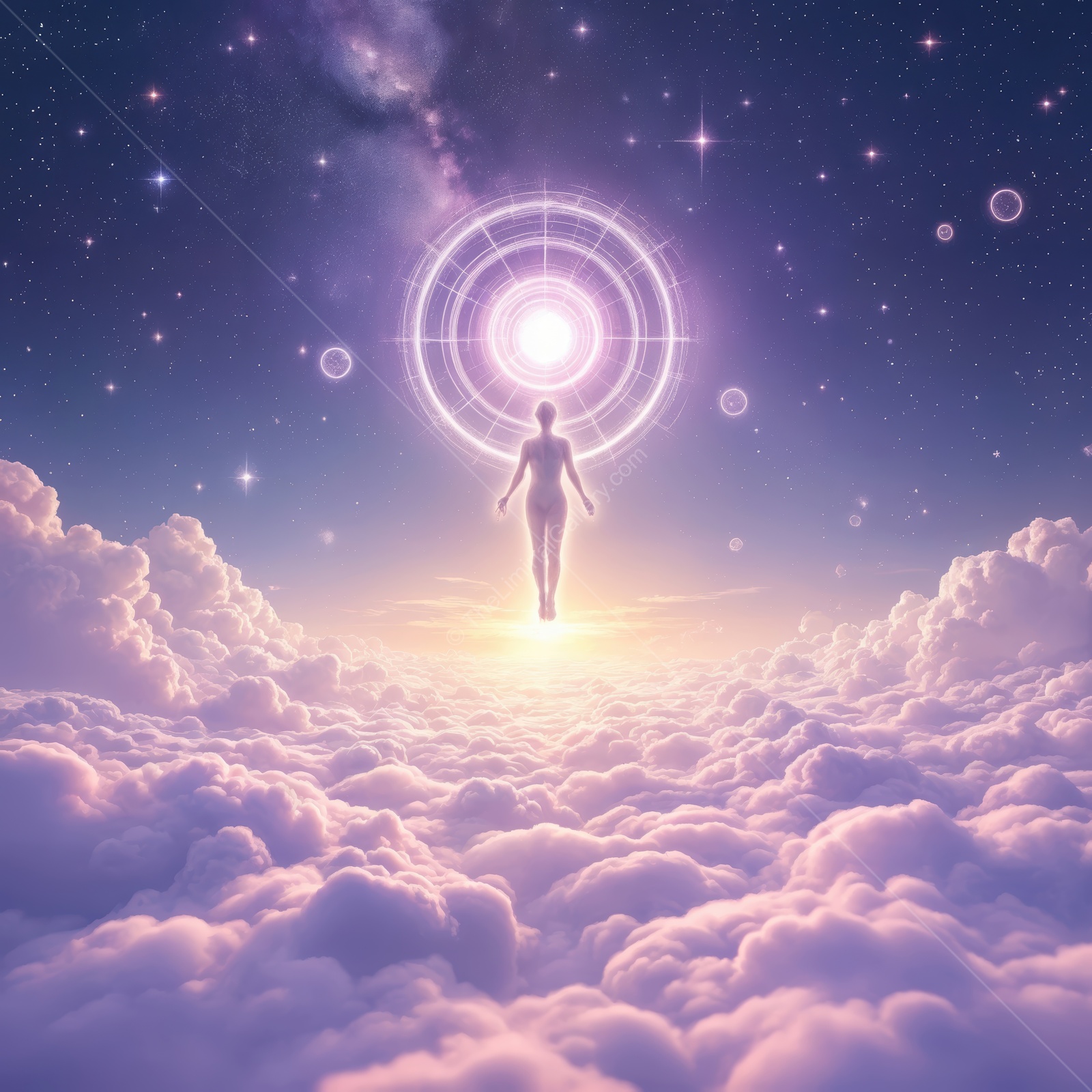 Journey through clouds to the luminous energy of the cosmos during a serene moment of spiritual awakening