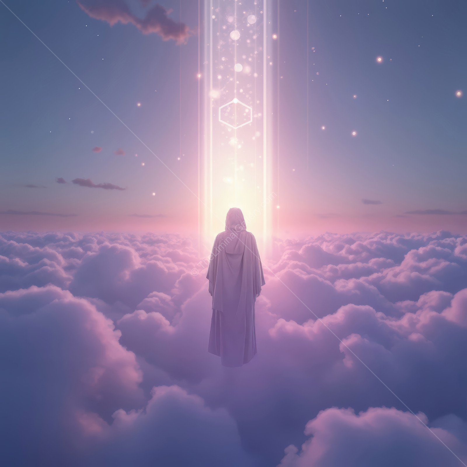 A figure cloaked in ethereal light stands among soft clouds in a dreamy twilight scene filled with vibrant colors and cosmic energy