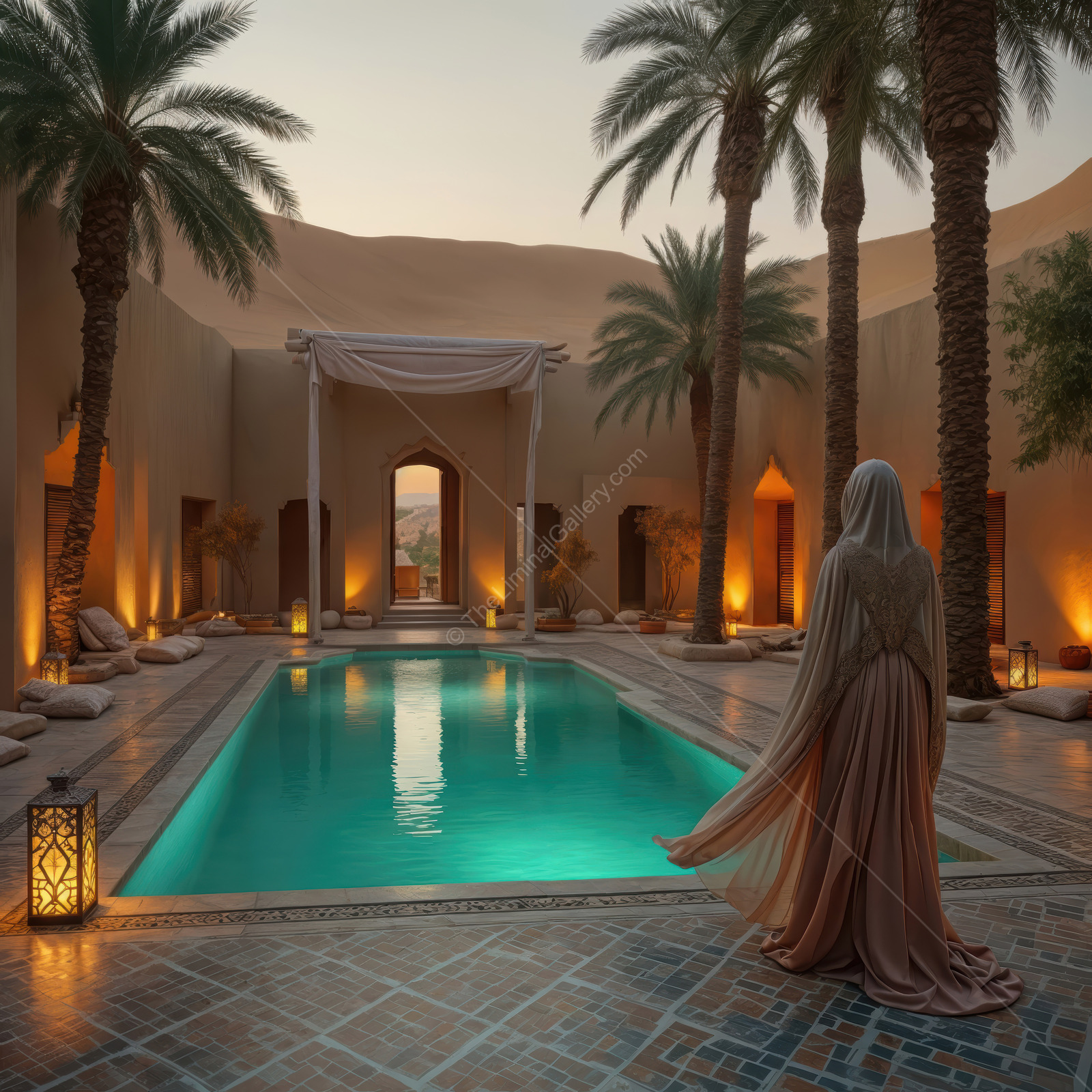 Woman in layered fabric stands by a lit courtyard pool at dusk, palms and stone walls reflecting in calm water