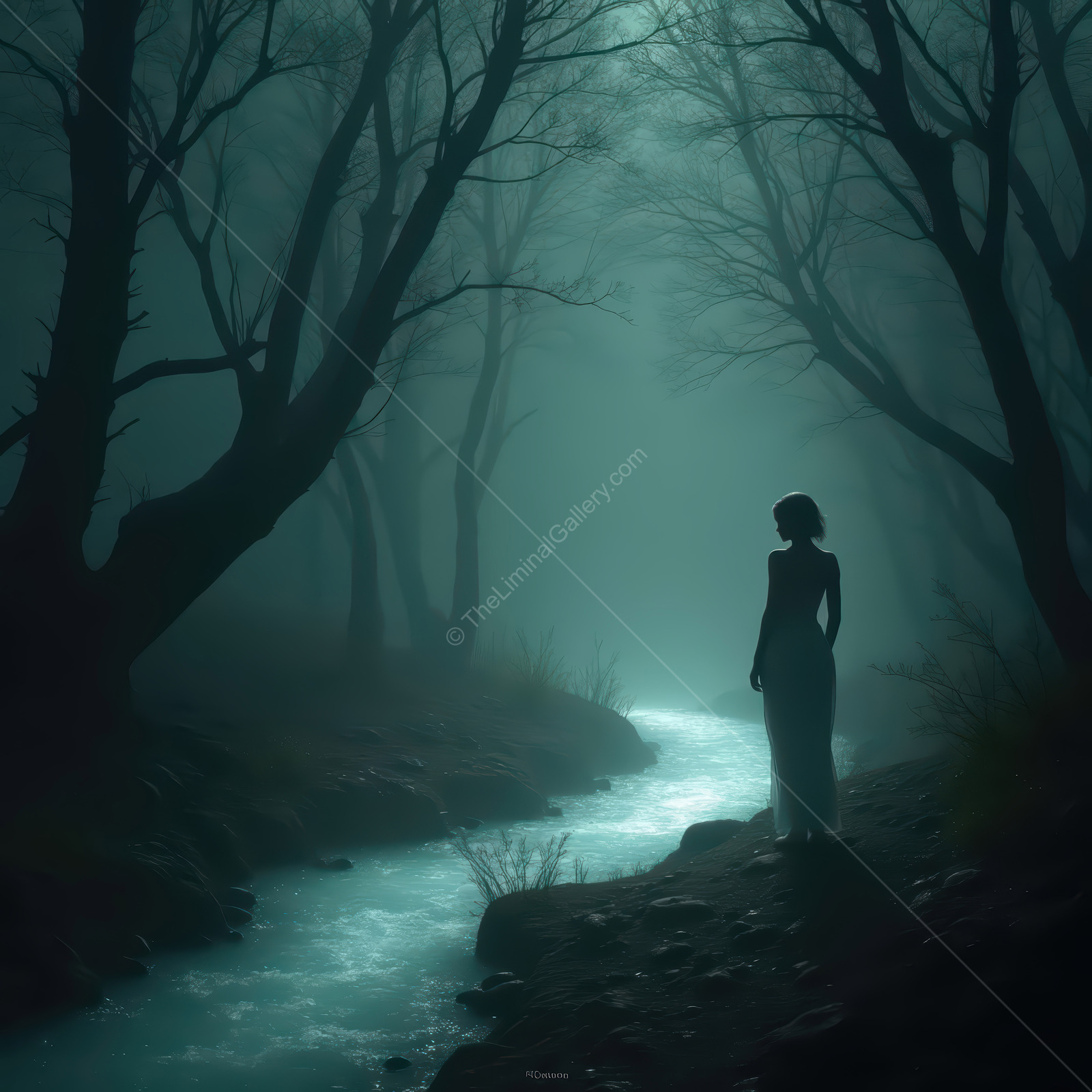 Woman stands by a quiet creek in forest fog at dusk, bare trees and faint glow lining the bank