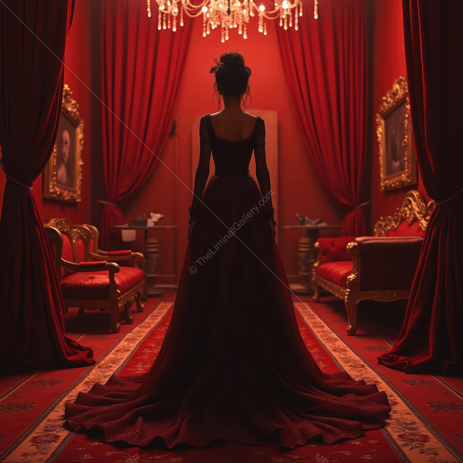 Woman in a crimson hall with gold accents and portraits stands under chandelier glow in trailing gown