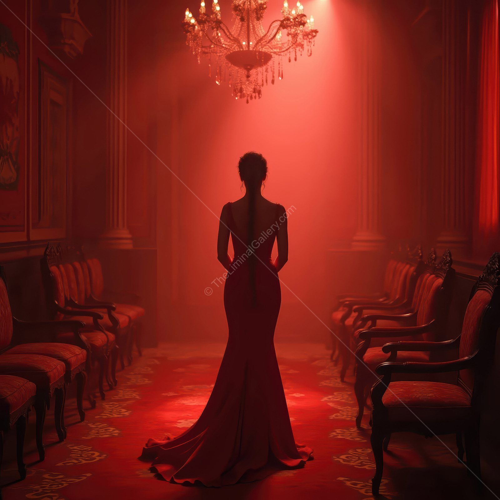 Woman in a red dress stands beneath a chandelier in a crimson room, vintage chairs framing her