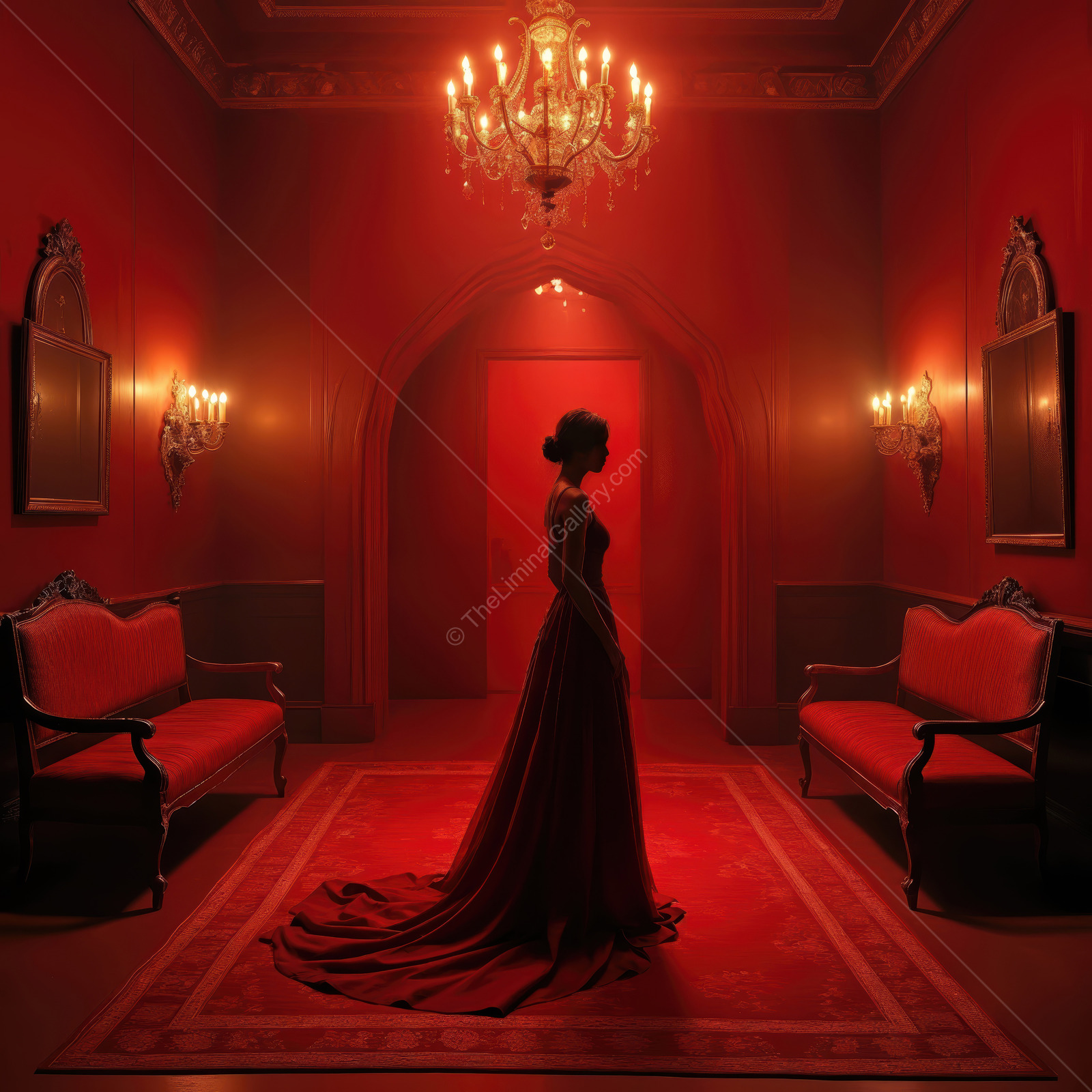 Woman in a red gown stands in a dim crimson room, chandeliers glowing above twin sofas