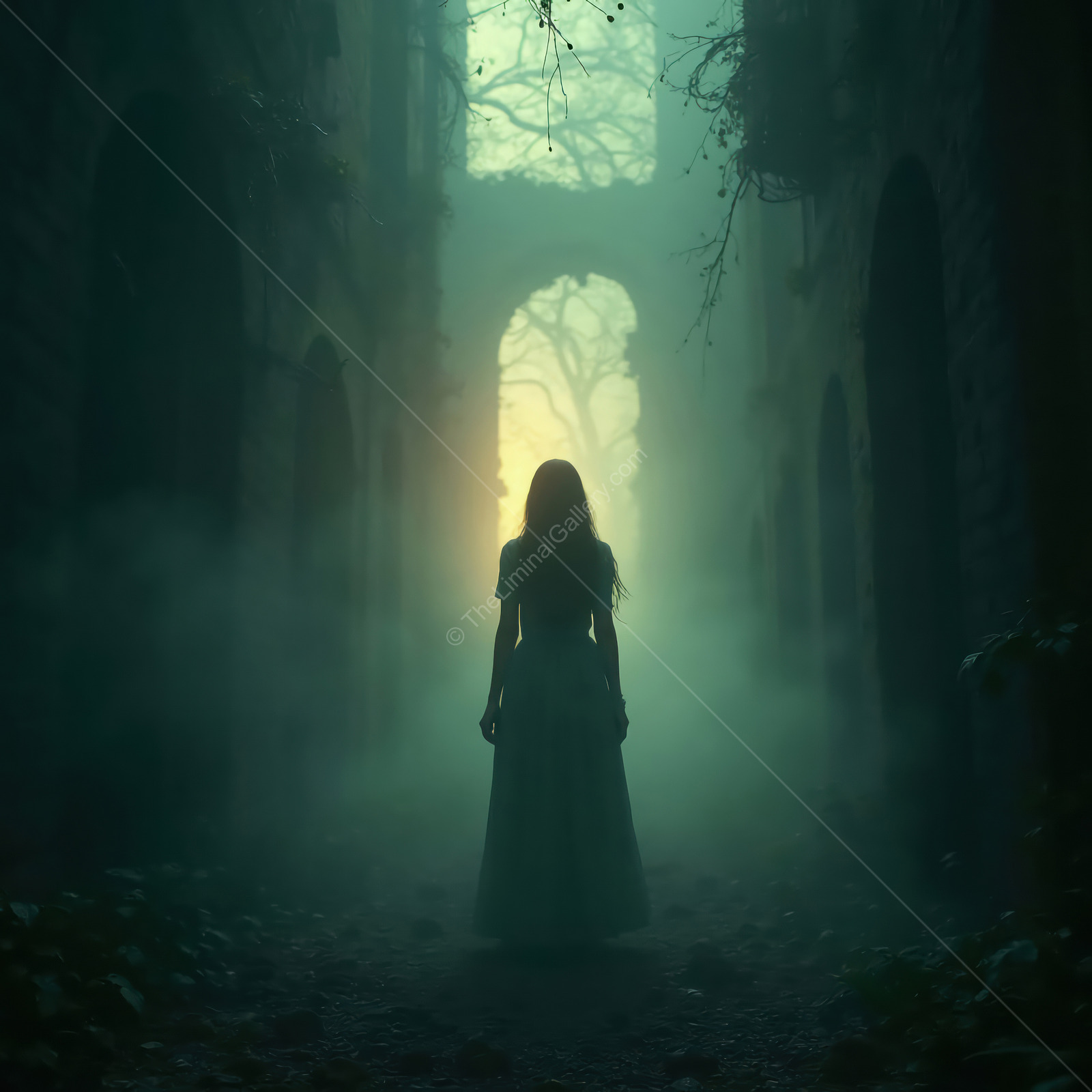 Woman stands among crumbling arches and fog at dawn, bare trees ghosting through the pale light