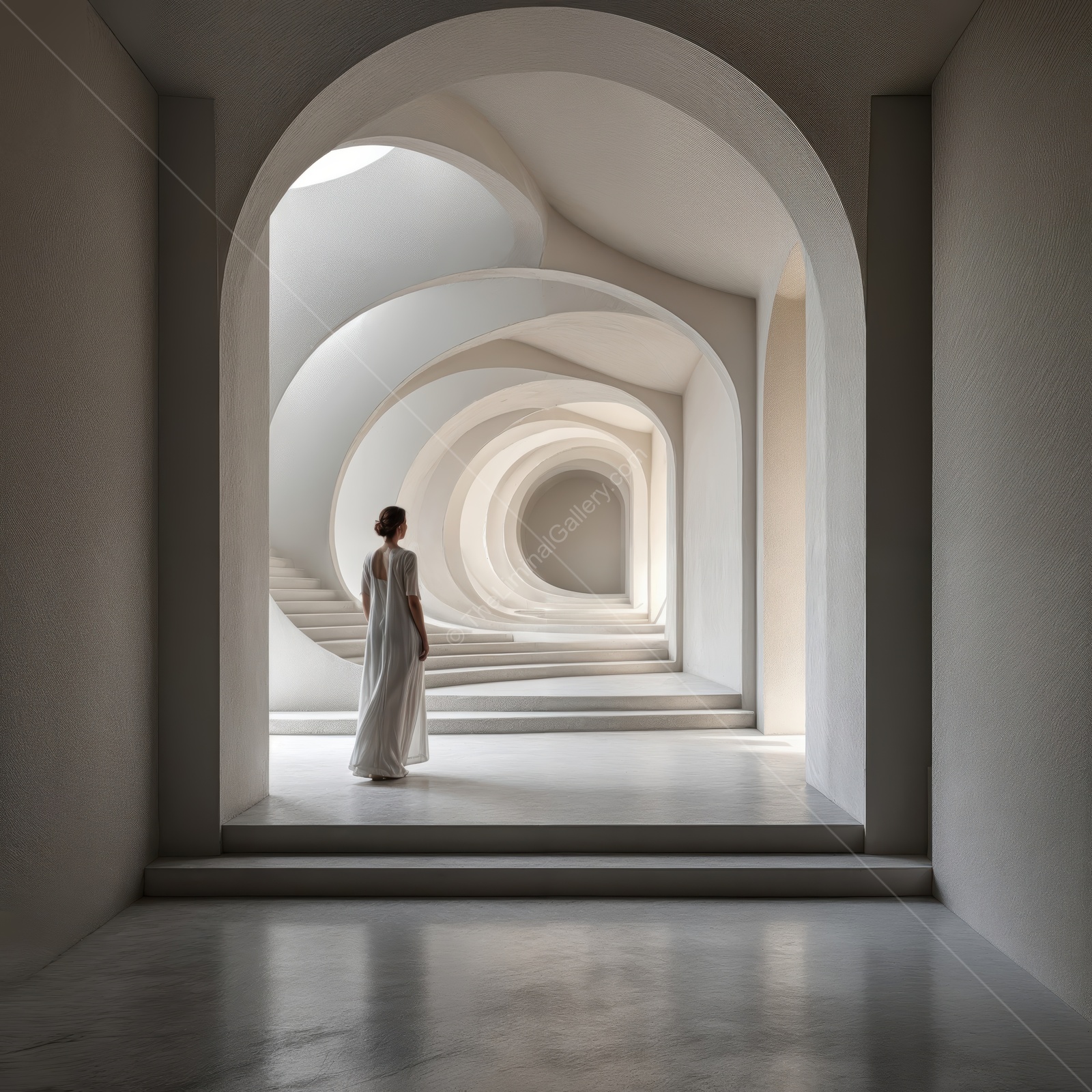 Woman in a white dress stands in a curving corridor of soft arches, polished floor mirroring her outline