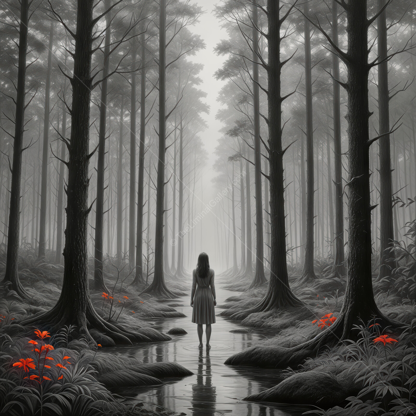 Woman stands by a narrow creek in deep fog, tall trees and red flowers framing her pale dress