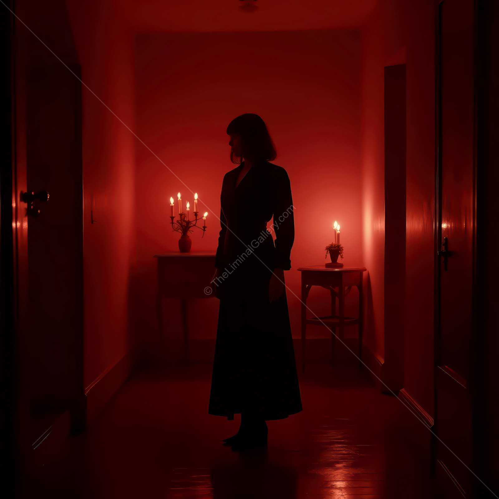 Woman pauses in a dim red hallway as candle flames flicker along the walls and trace her silhouette