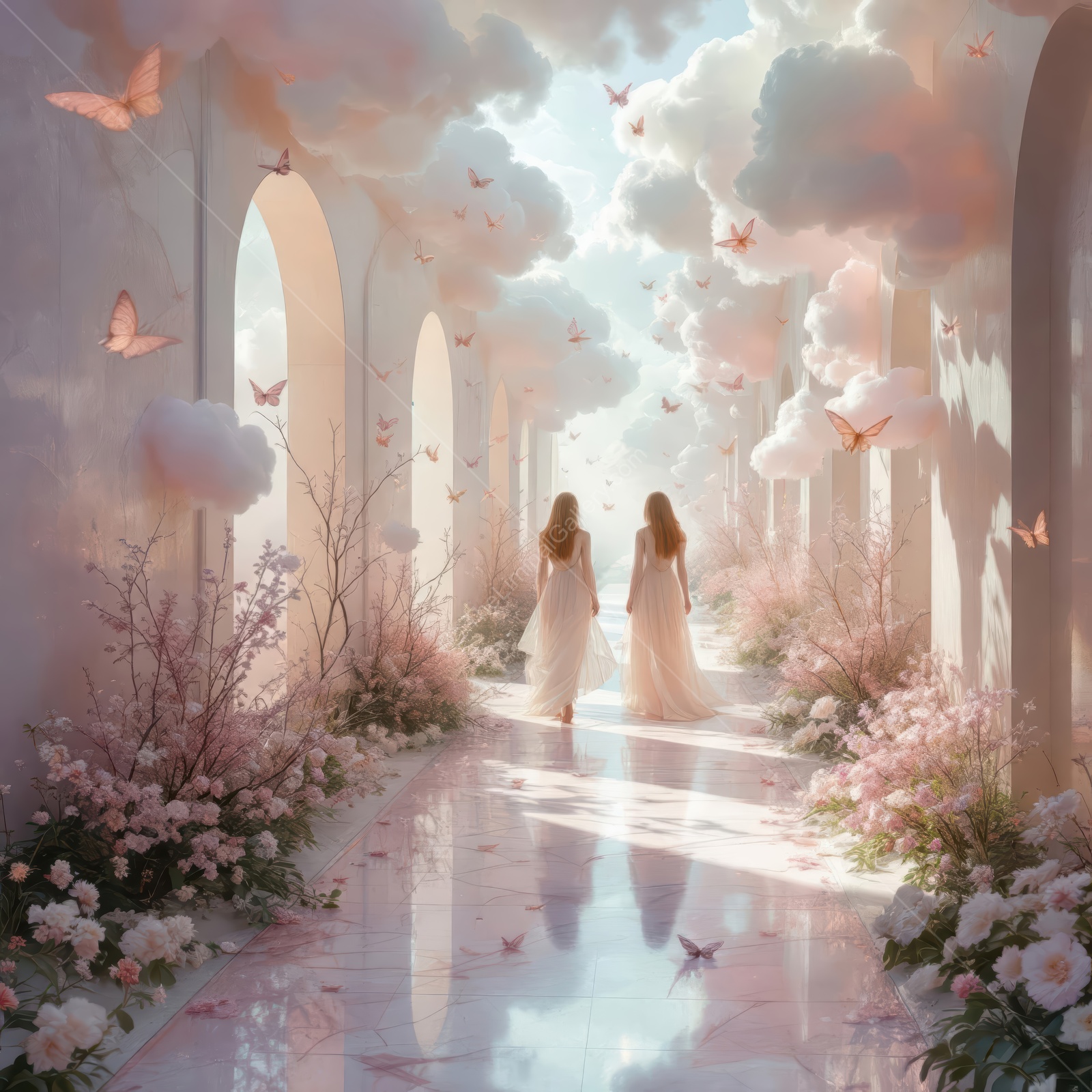 Two figures stroll through a dreamlike garden filled with flowers and butterflies under a sky of fluffy clouds