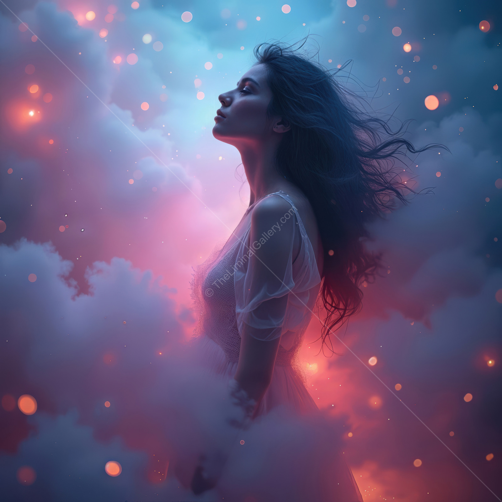 Woman stands in drifting clouds with faint orbs of light, hair lifted by night air in blue tones