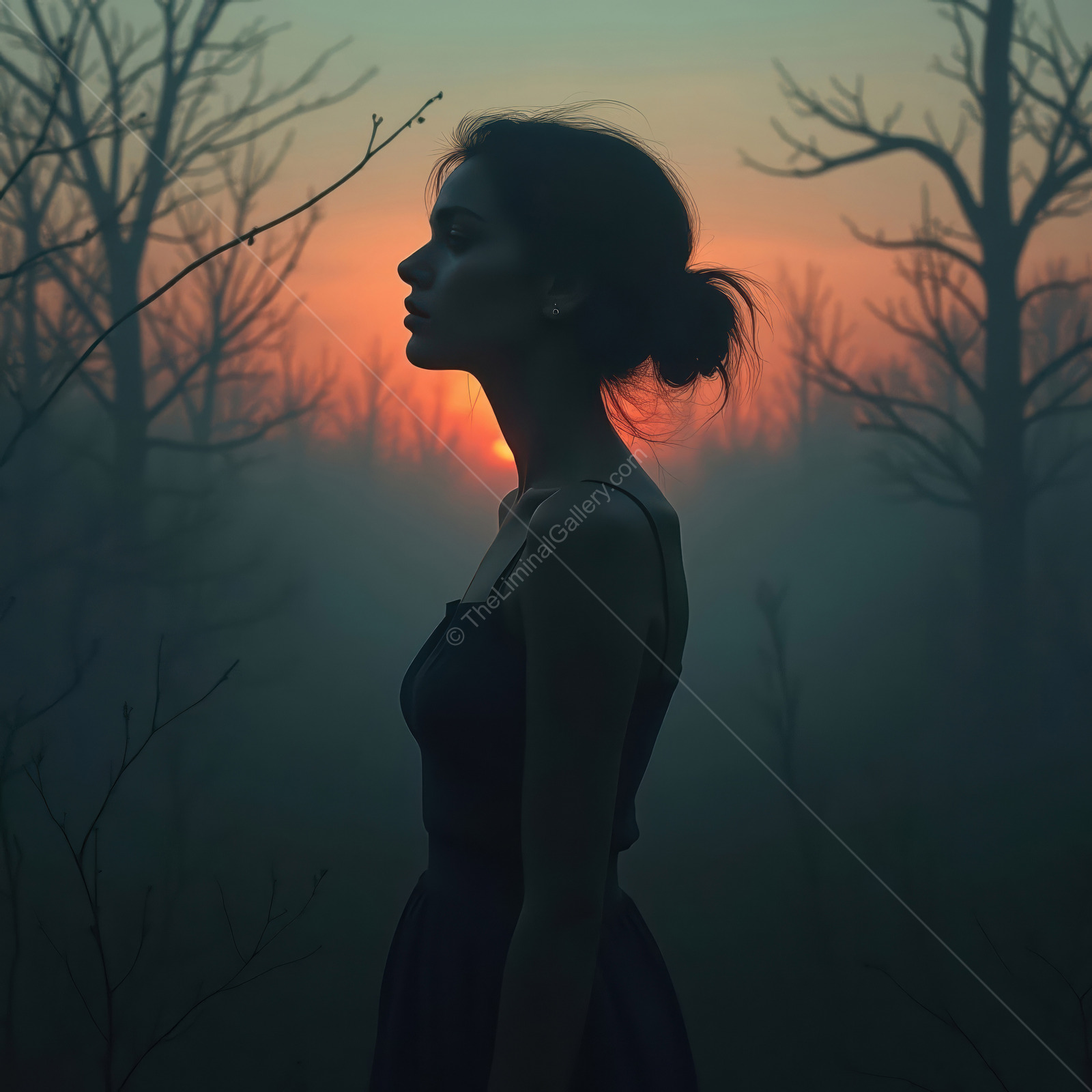 Silhouette of a woman at dusk among foggy trees, warm sky fading through veils of mist