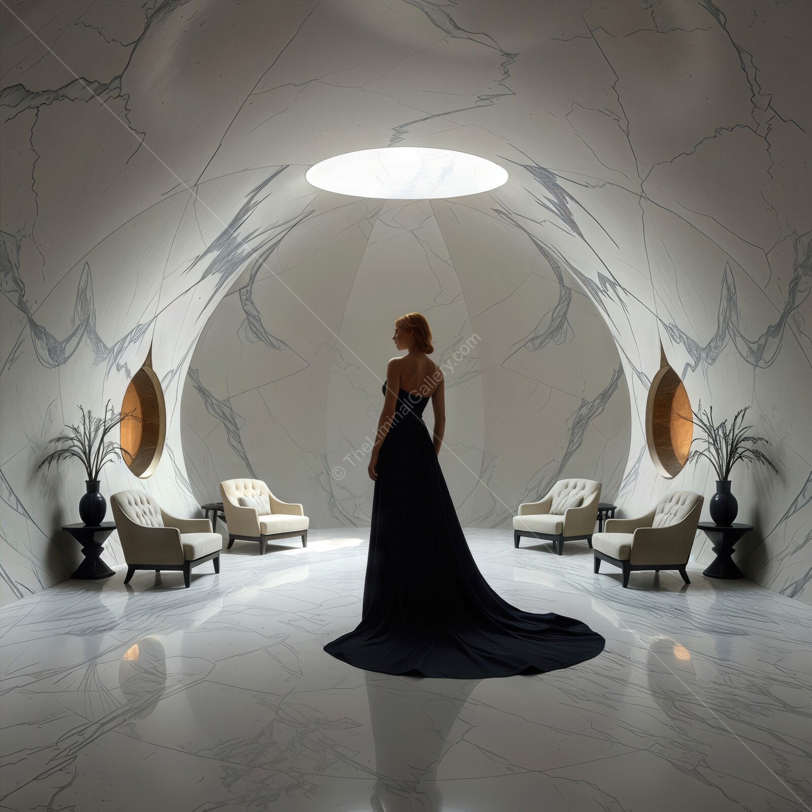 Elegant figure standing in a minimalist marble room with soft light and stylish furniture