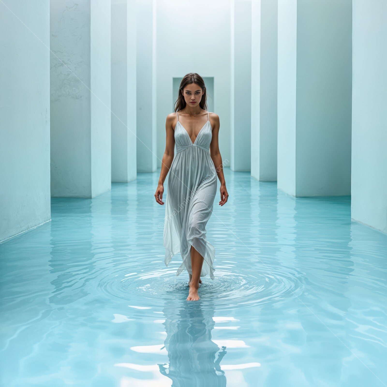 Elegant figure walks through serene turquoise water in minimalist architectural space