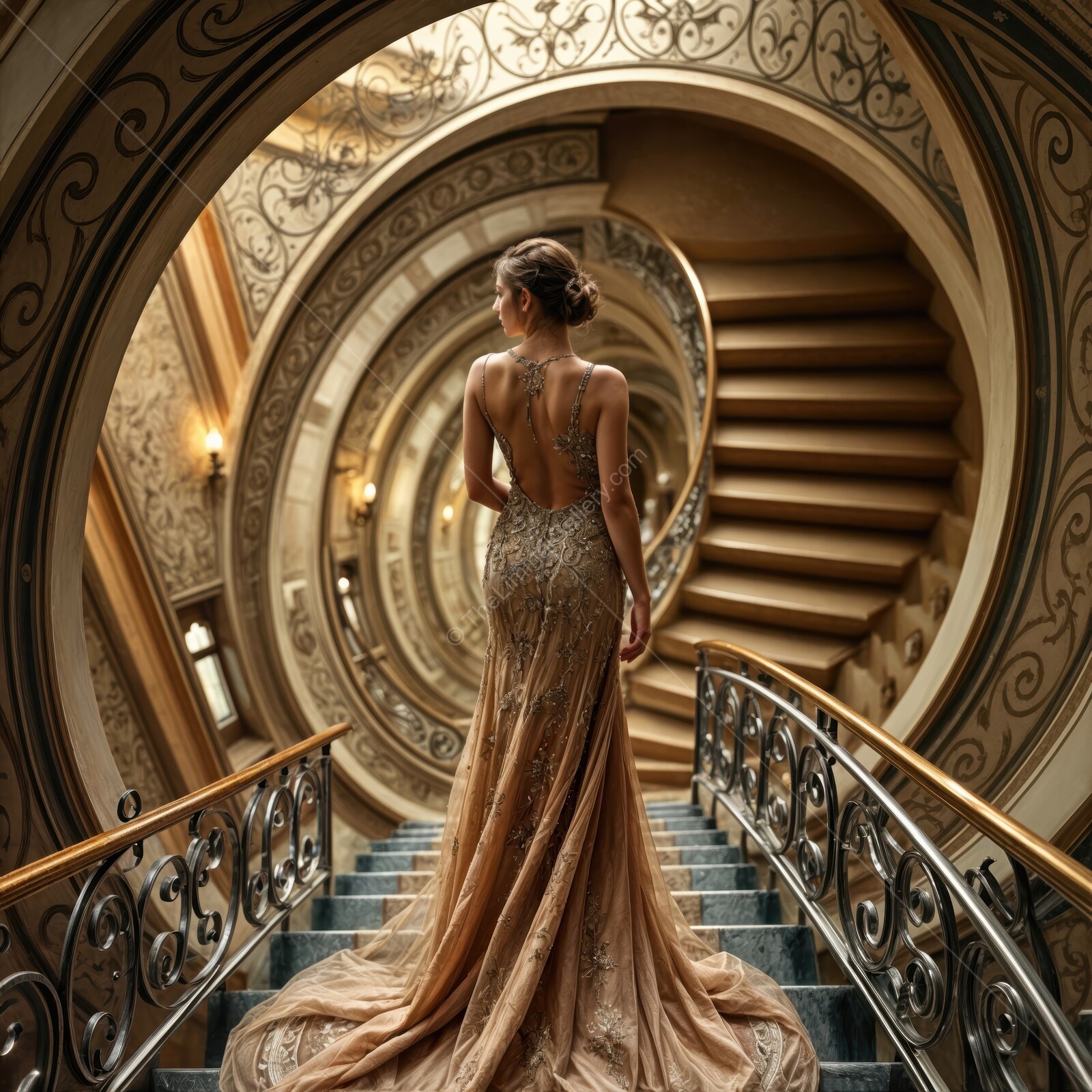 Elegant woman in a stunning gown gracefully descends an ornate liminal spiral staircase in a grand interior setting