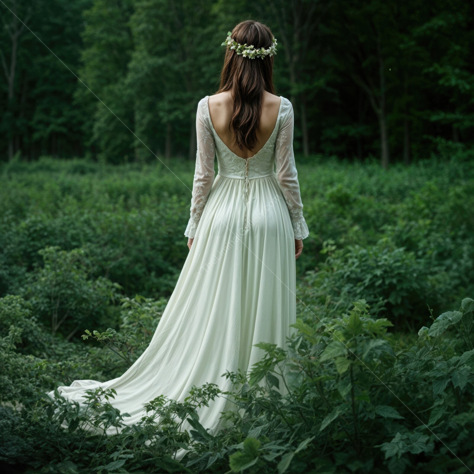 Enchanting bride wandering through a mystical green forest at dusk