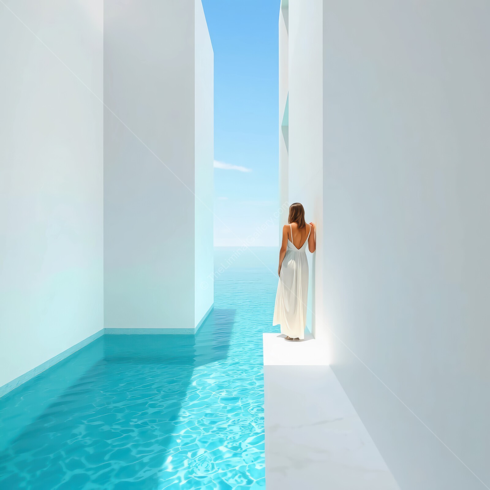 Enchanting journey through serene liminal architecture and tranquil waters at midday