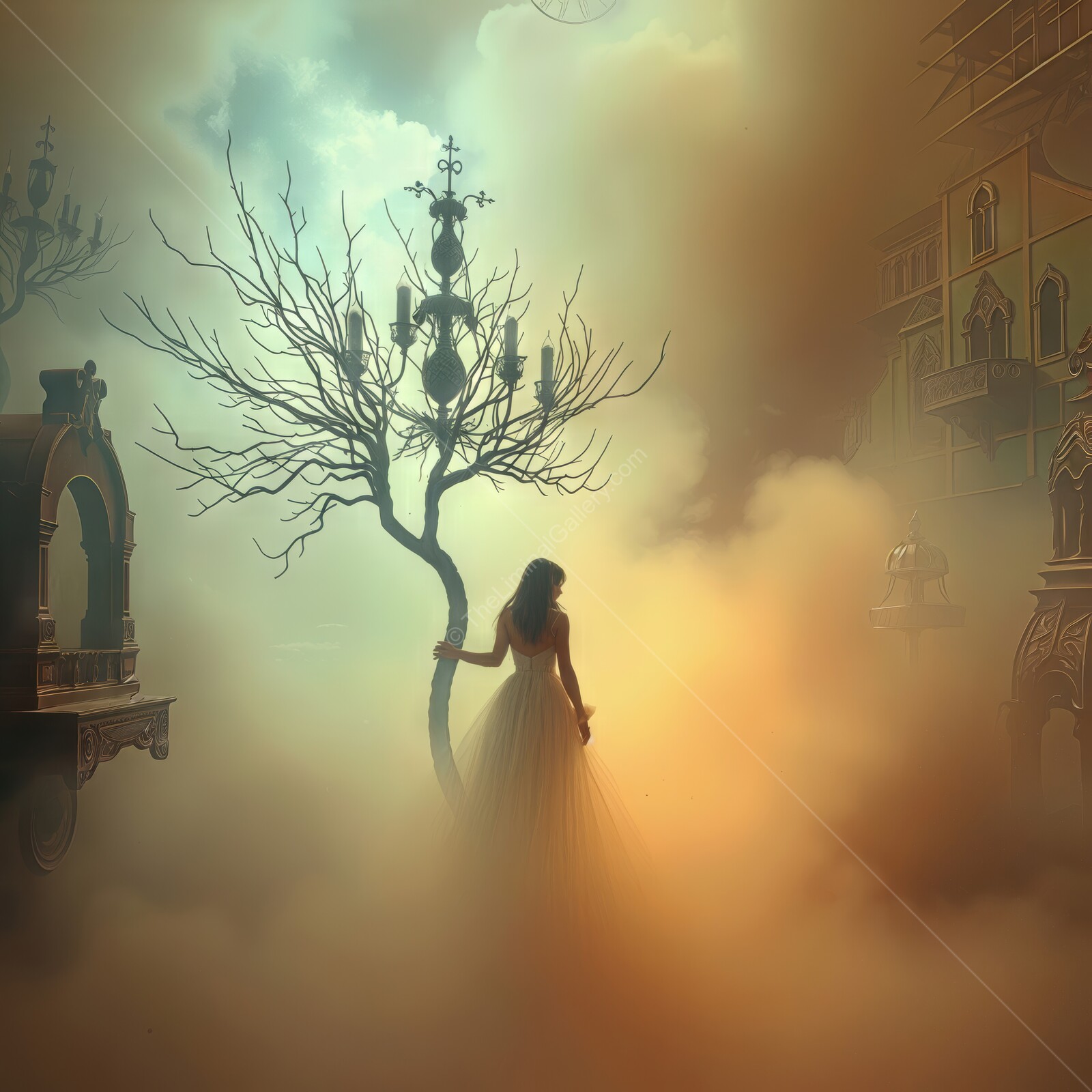 Mysterious woman in a foggy landscape with ethereal light and enchanting elements
