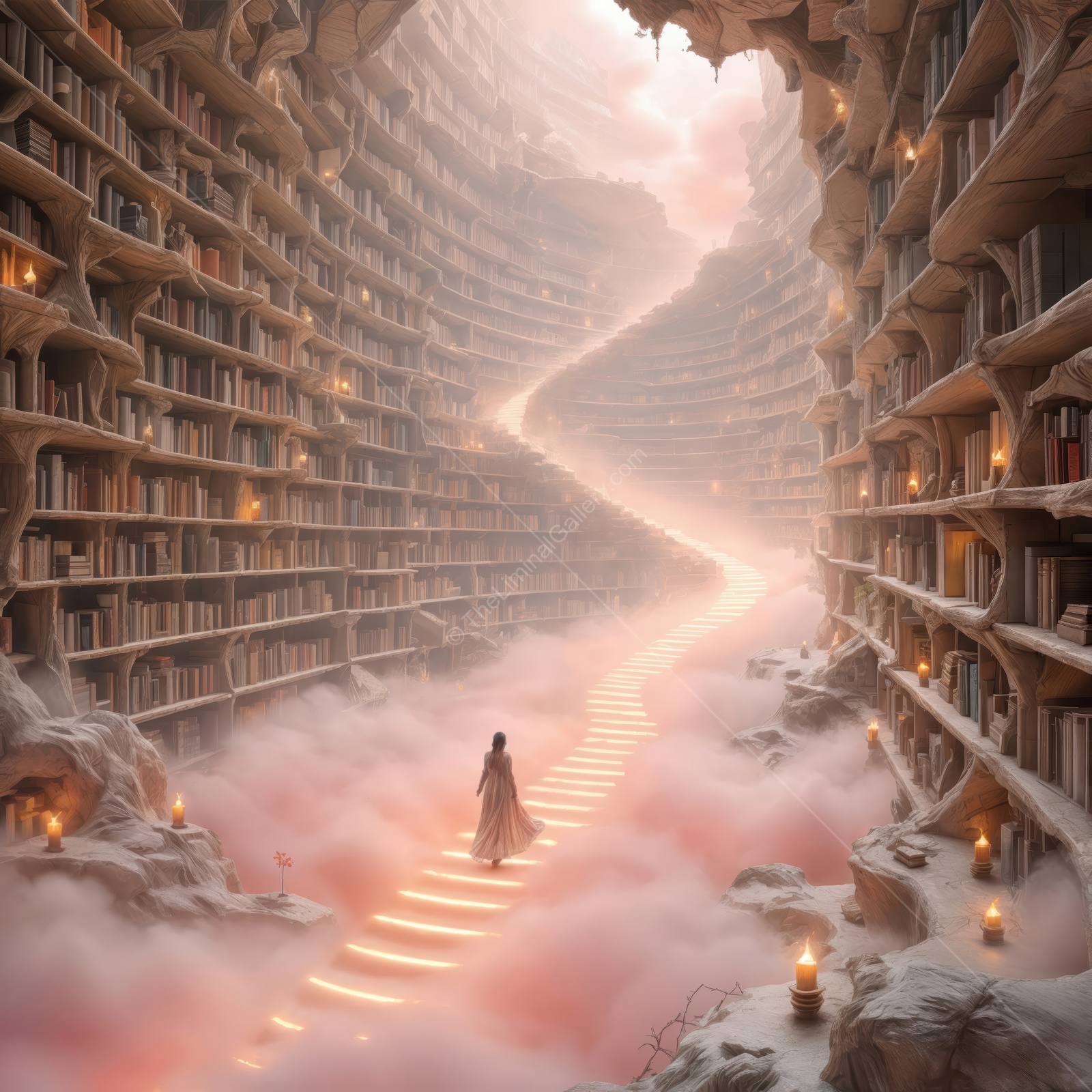 A mystical journey through an ethereal library filled with endless books and a winding path of light