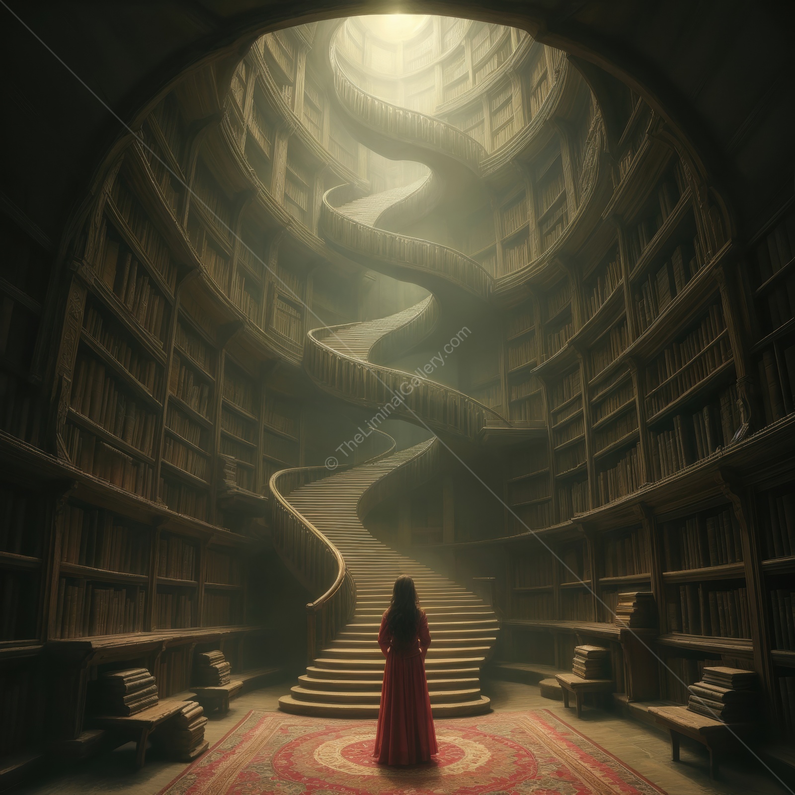 Woman stands at the base of towering shelves and winding stairs in a vast library washed with soft light