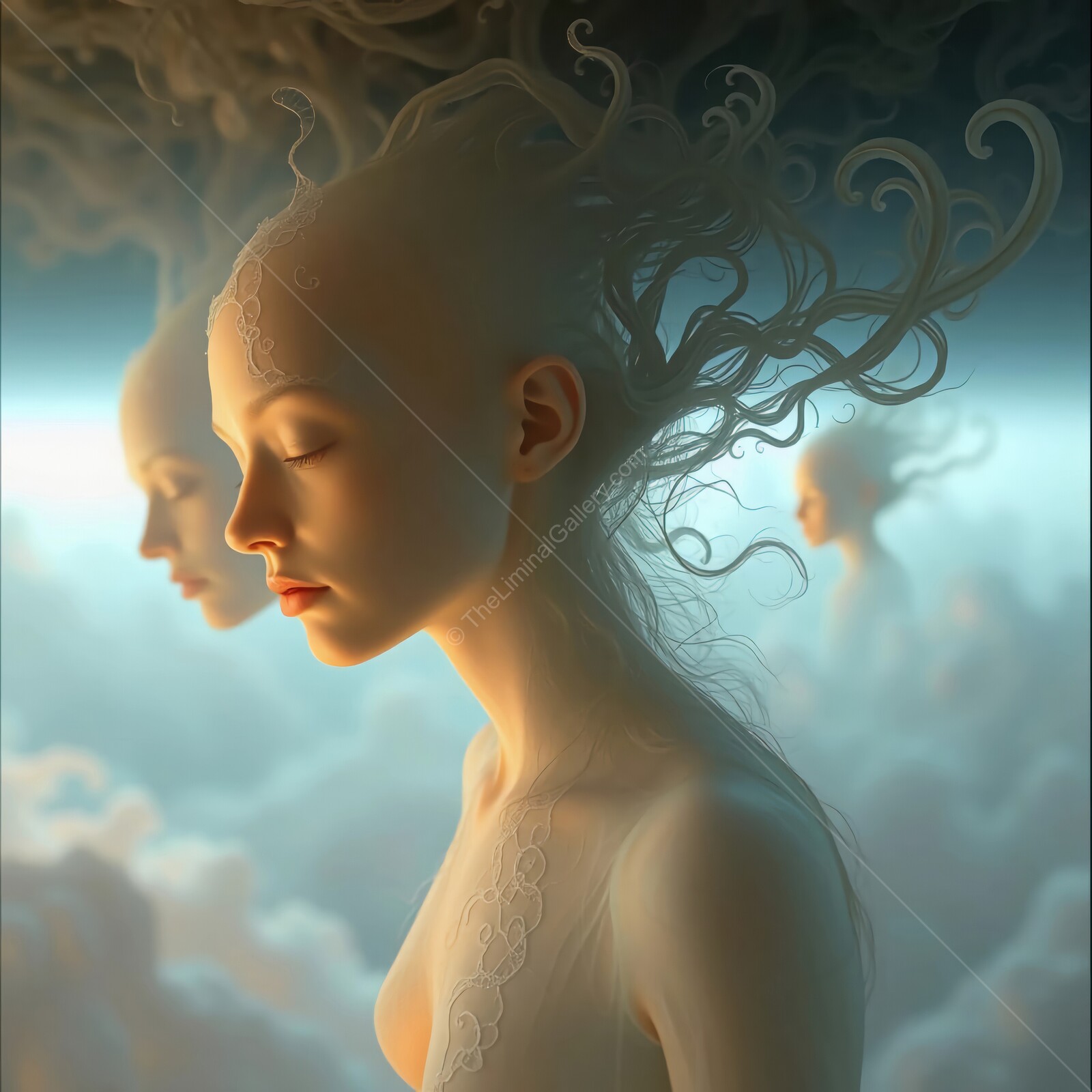 Ethereal figures merge with clouds in a dreamlike landscape at twilight