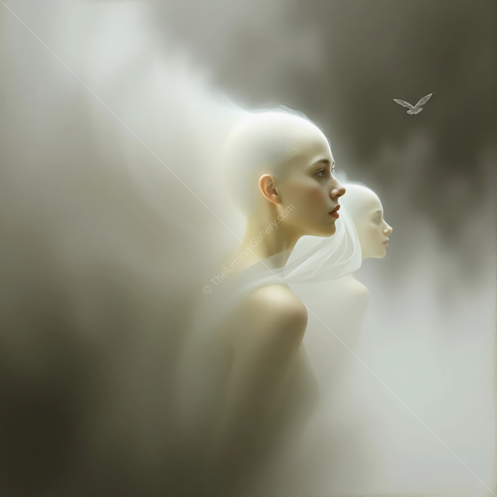 Ethereal figures emerge from mist in a dreamlike landscape at twilight