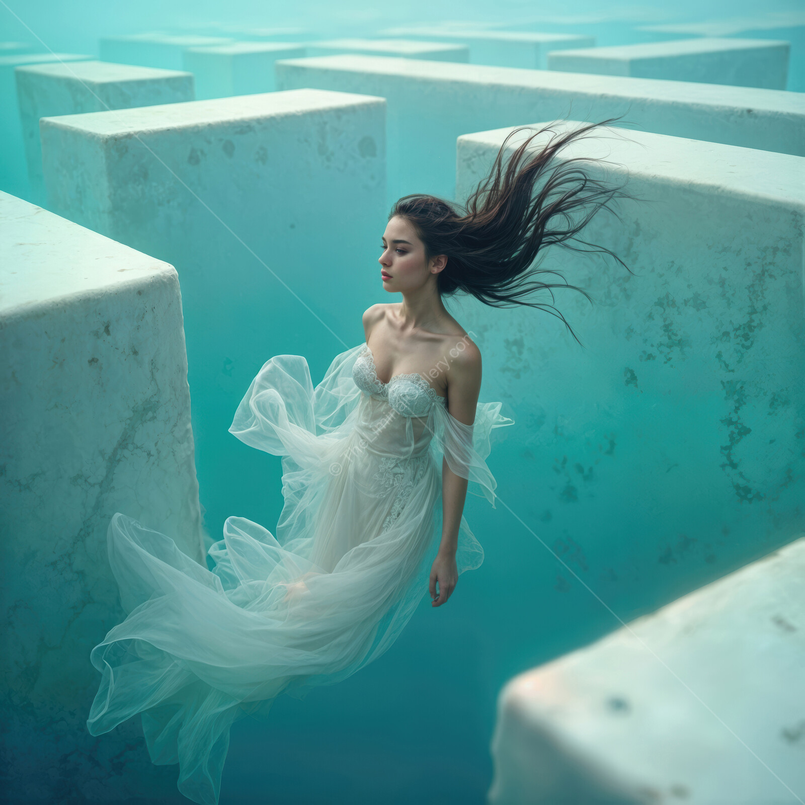 Ethereal underwater journey through a mystical maze with a flowing gown and gentle waves