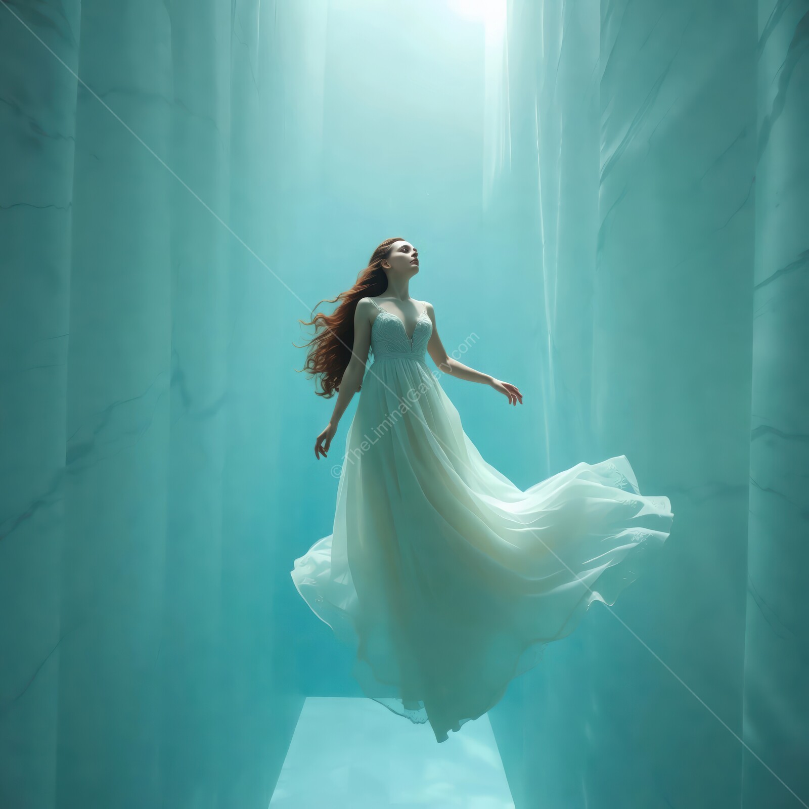 Ethereal woman in a flowing white dress gracefully floats underwater in serene liminal blue surroundings during daylight