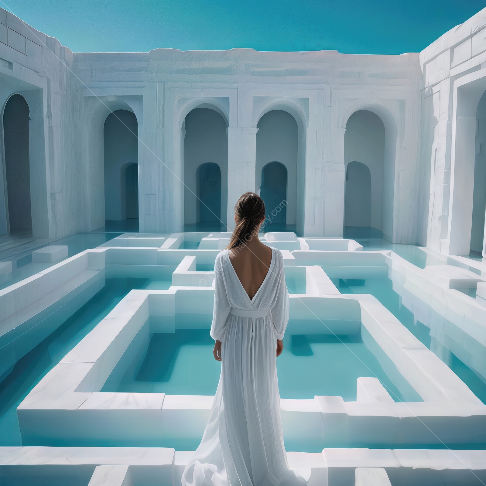 Liminal woman in a flowing gown contemplates a serene maze within a luminous white structure at midday