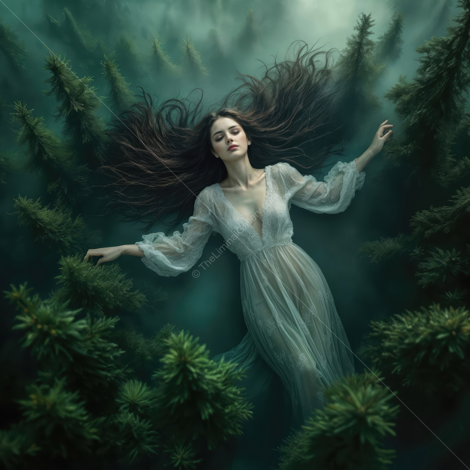 Woman floats among tall evergreens in twilight mist, sheer gown and loose hair catching stray beams