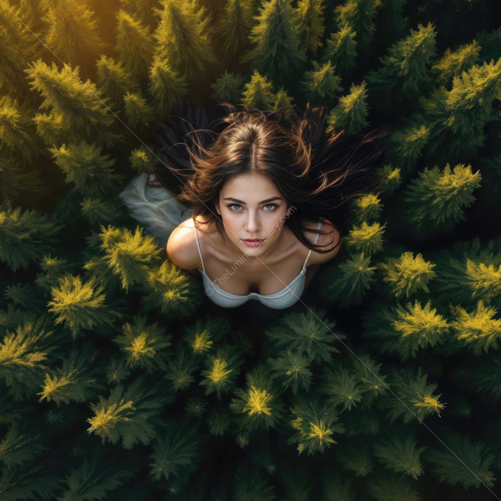 Woman rises through dense evergreens as sun shafts break the canopy, gaze tipped toward the light