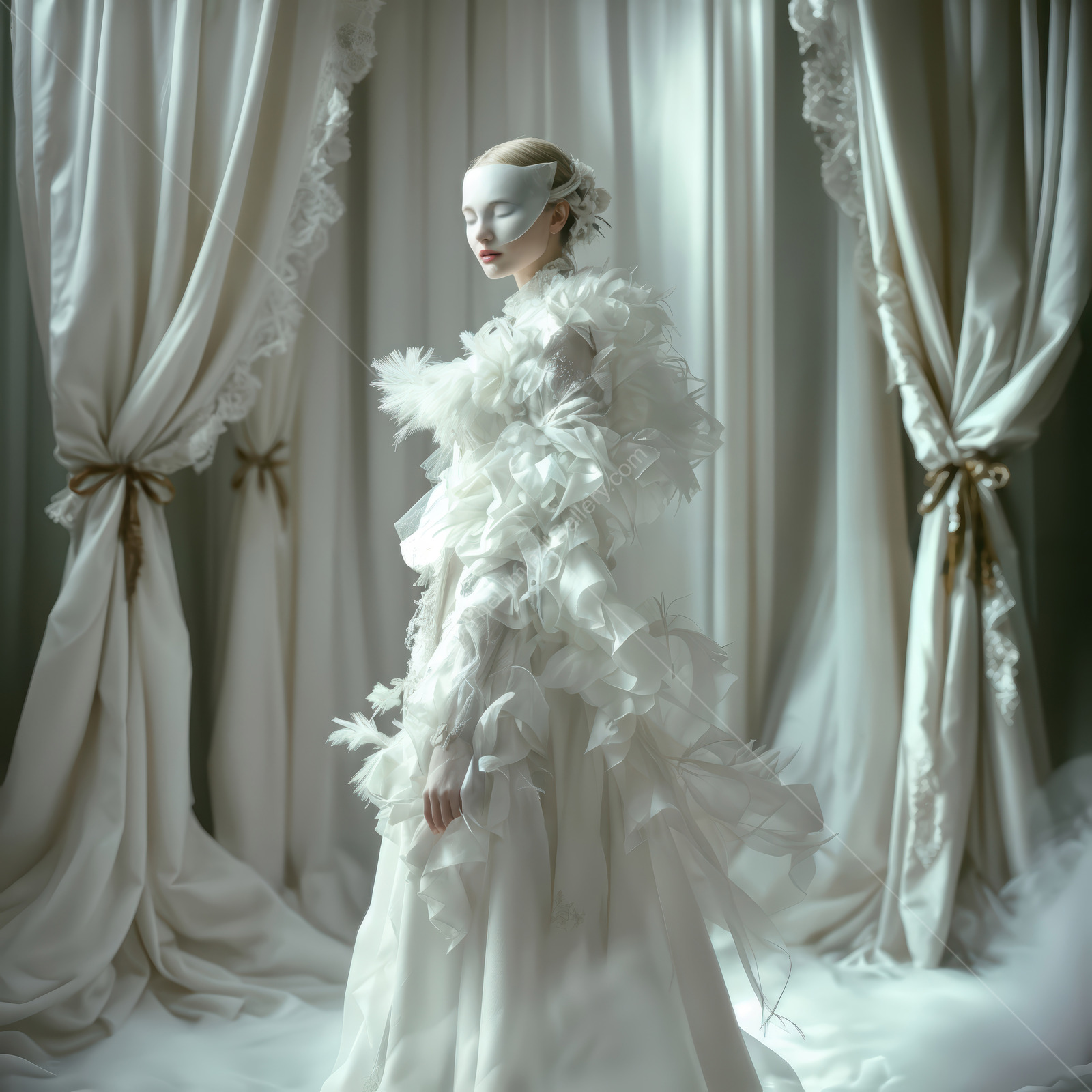 Woman in a feathered white gown stands amid heavy white drapery, mask veiling her eyes as quiet light wraps the scene