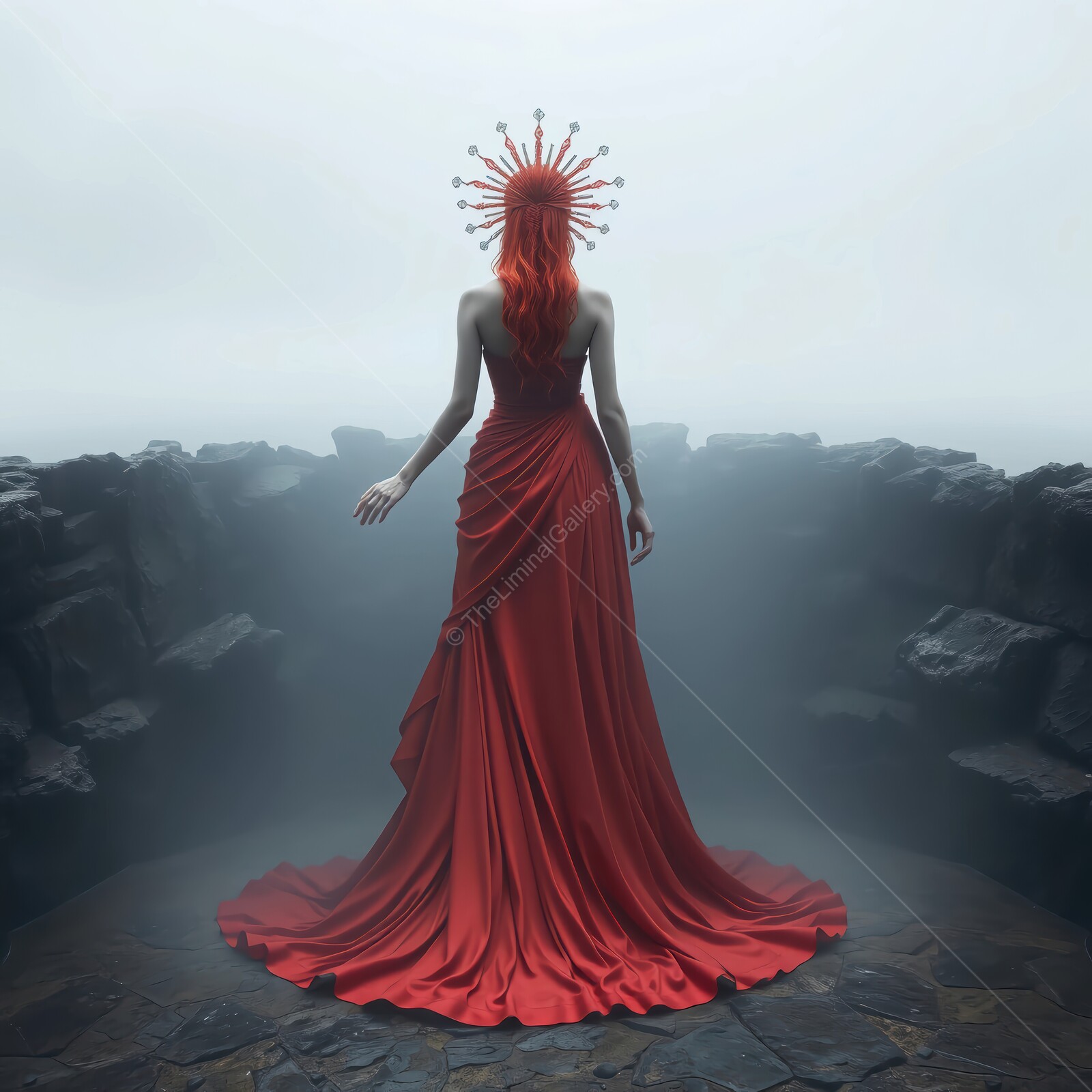 Mysterious woman in a flowing red gown gazes into the foggy abyss at twilight