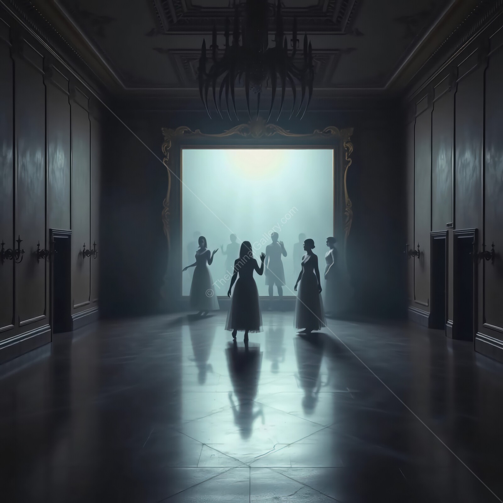Mysterious gathering of figures in a dimly lit grand hall at twilight