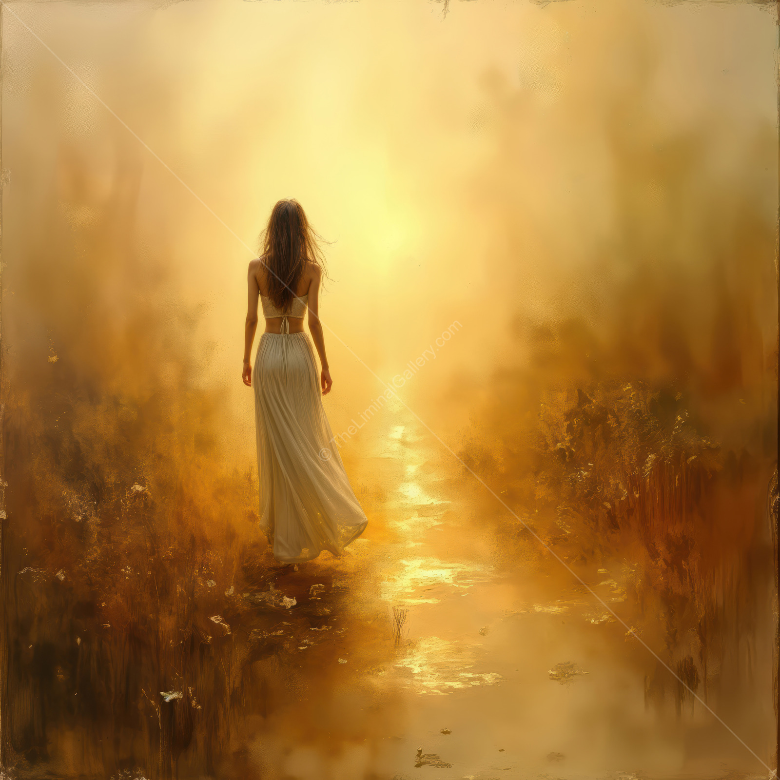 Woman in a white dress walks toward a bright horizon through flowers and low drifting mist at sunset