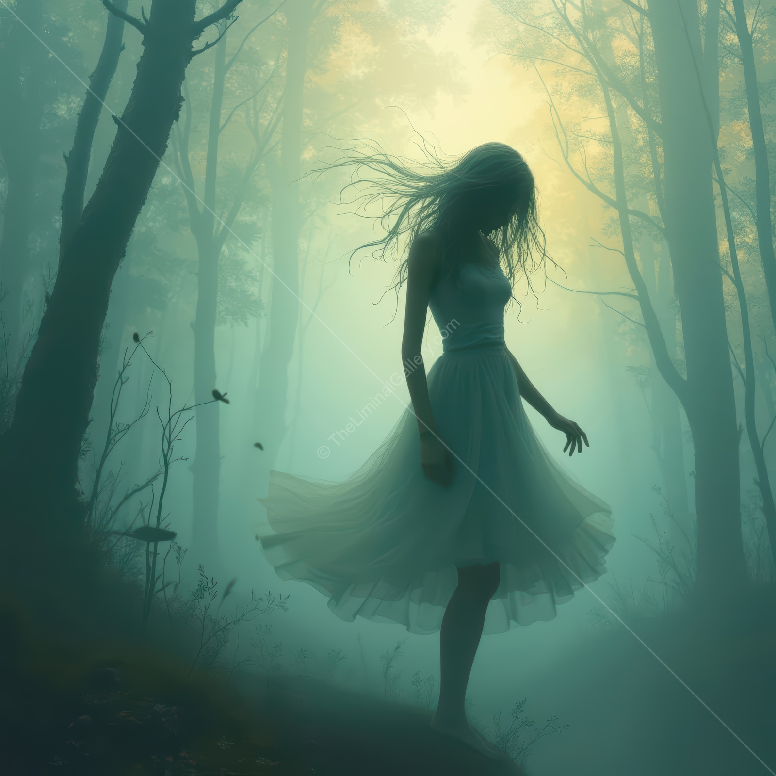 Woman in a white dress stands amid foggy conifers at dawn, soft beams cutting through the trees