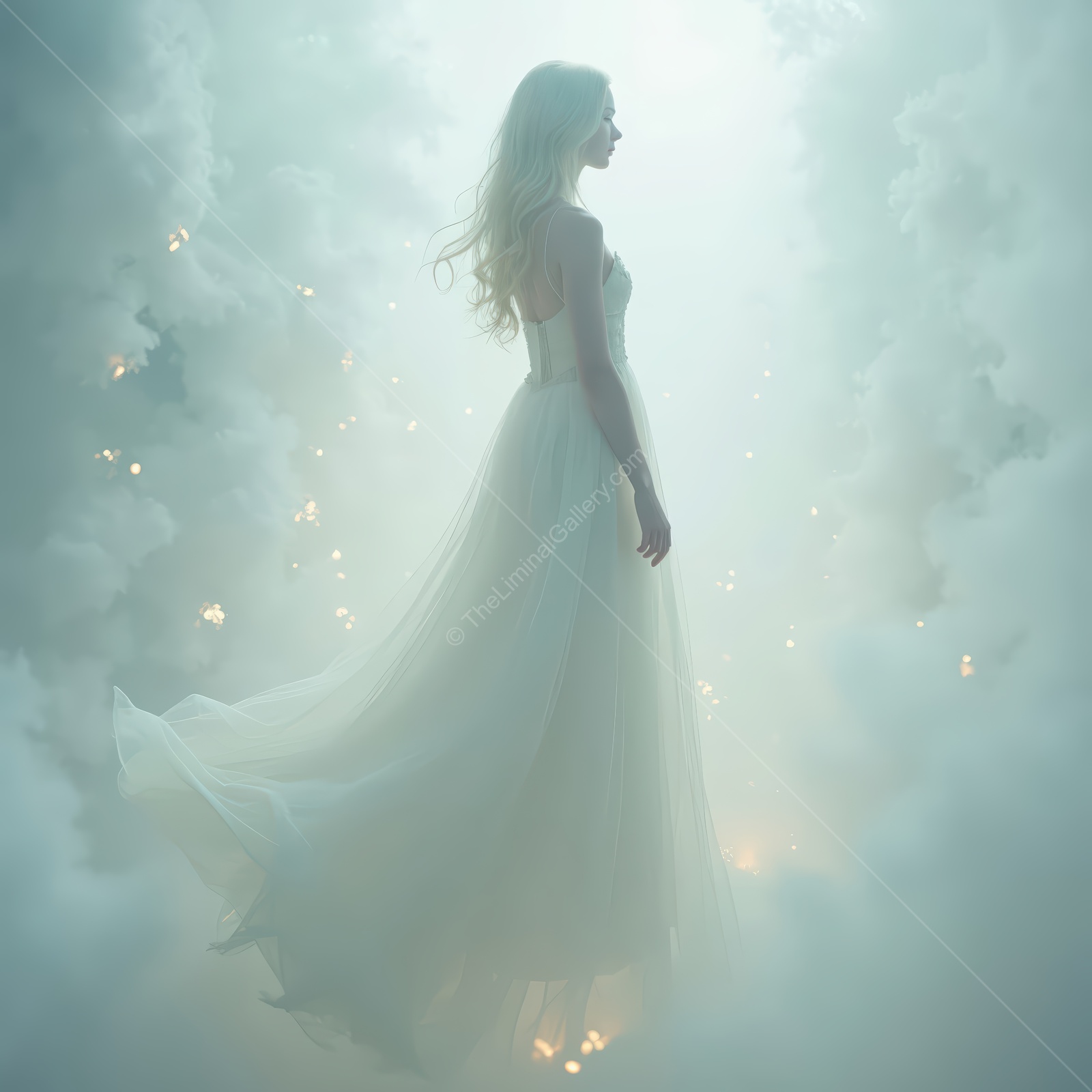 Woman in a flowing dress emerges through dense fog, fine sparks and soft side light tracing the fabric
