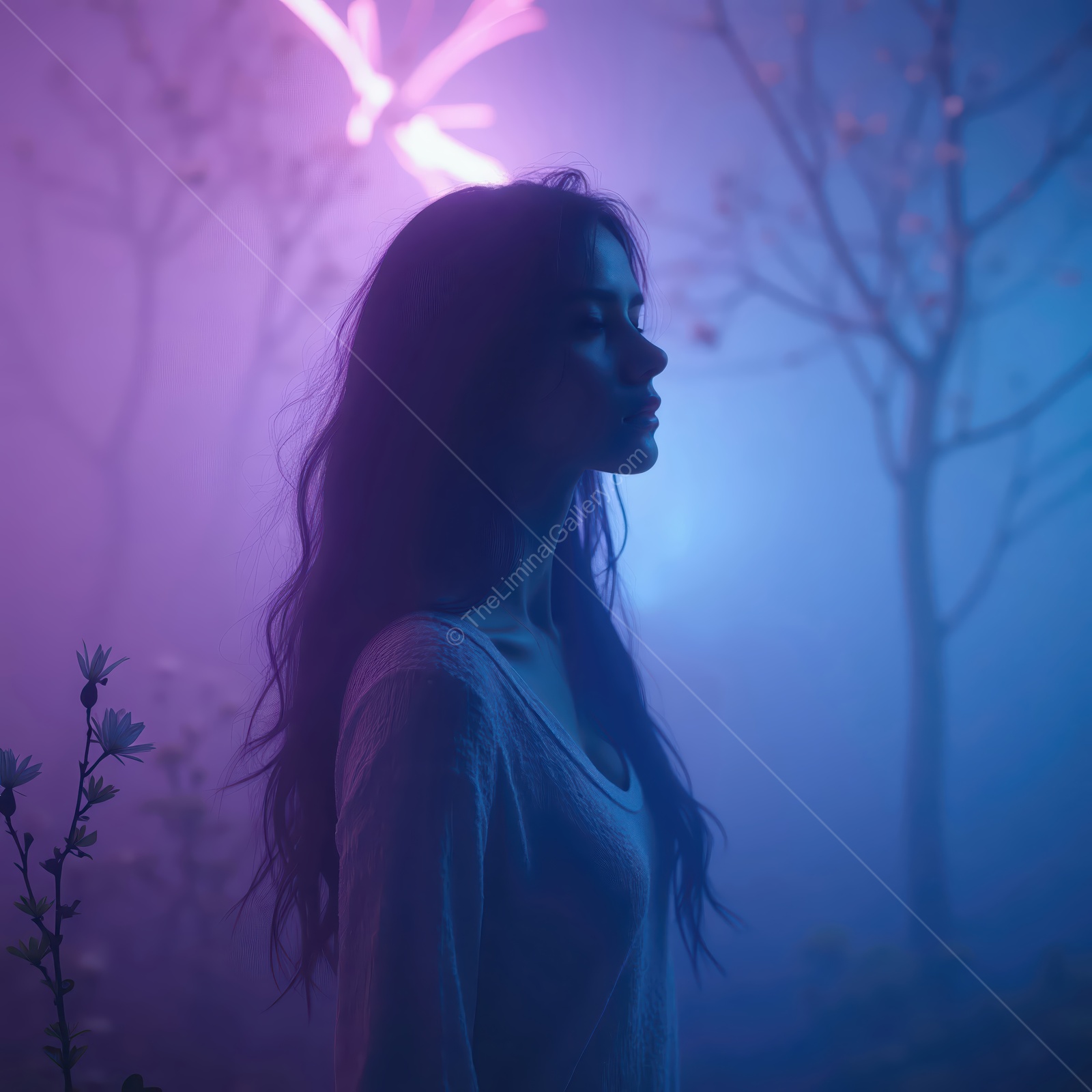 Silhouette in fog among flowers as purple and blue light paint the forest at dusk