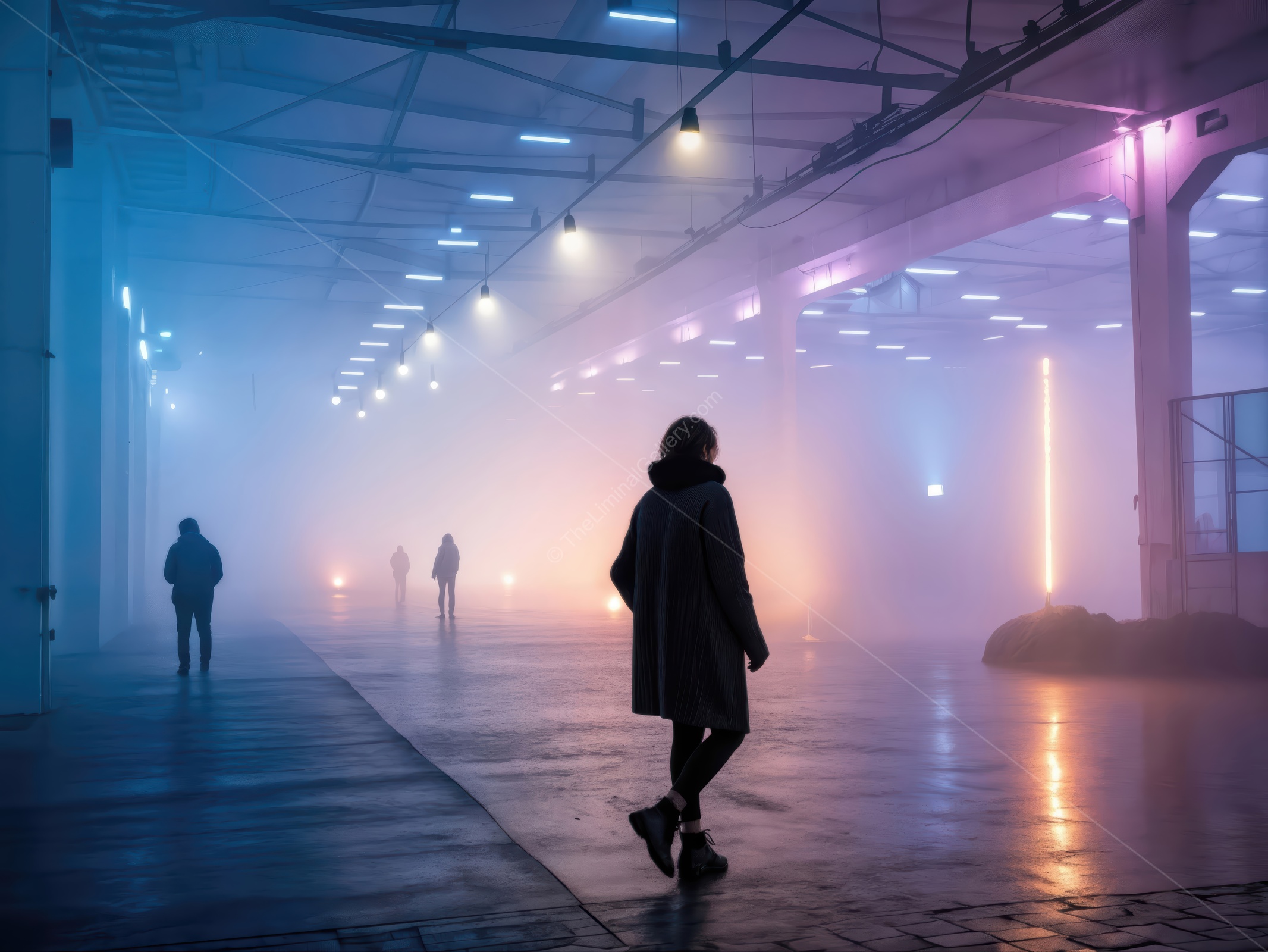 Mysterious figures wander through a foggy, illuminated space filled with colorful lights at night