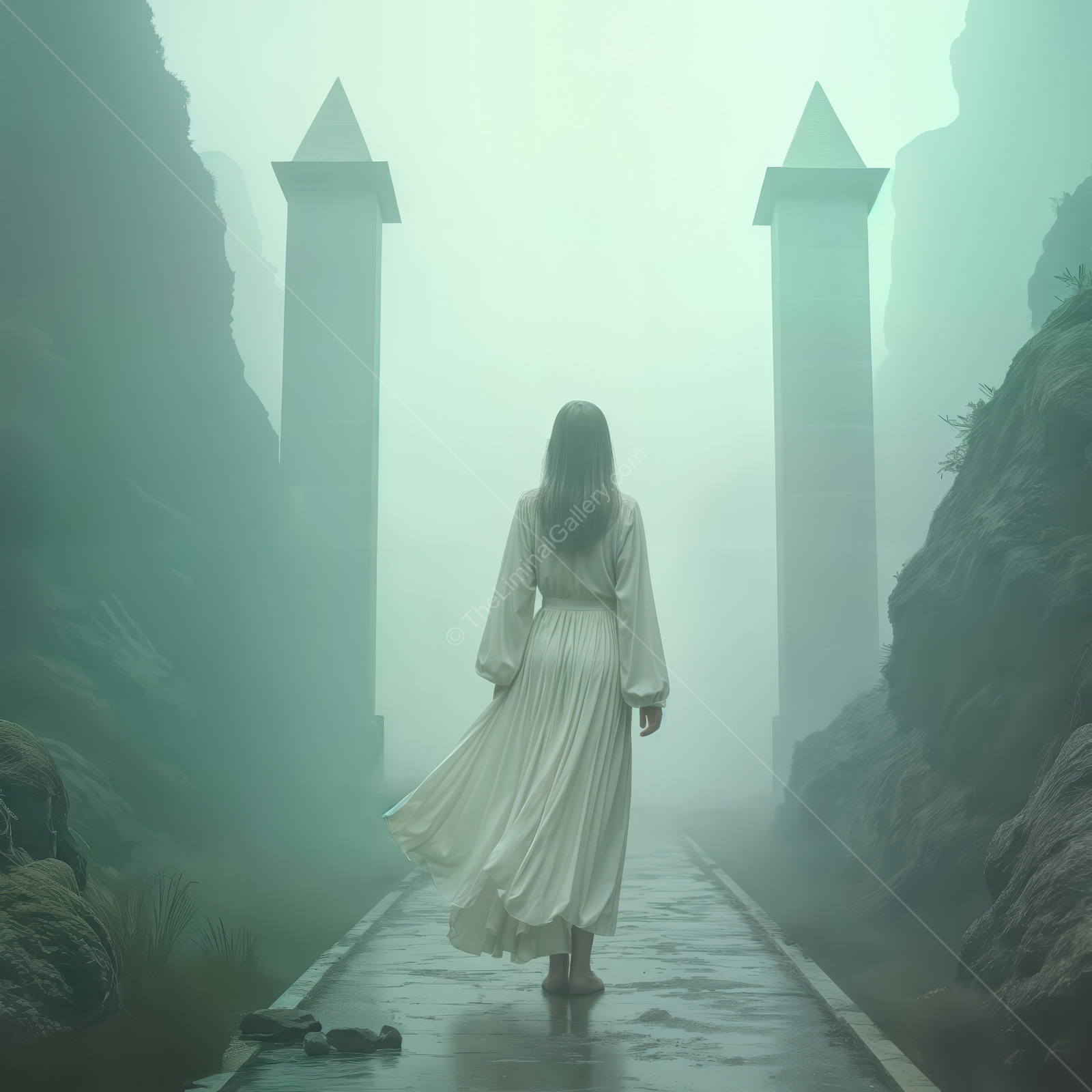 Woman in a white gown walks toward shrouded pillars at dawn, fog threading through the colonnade