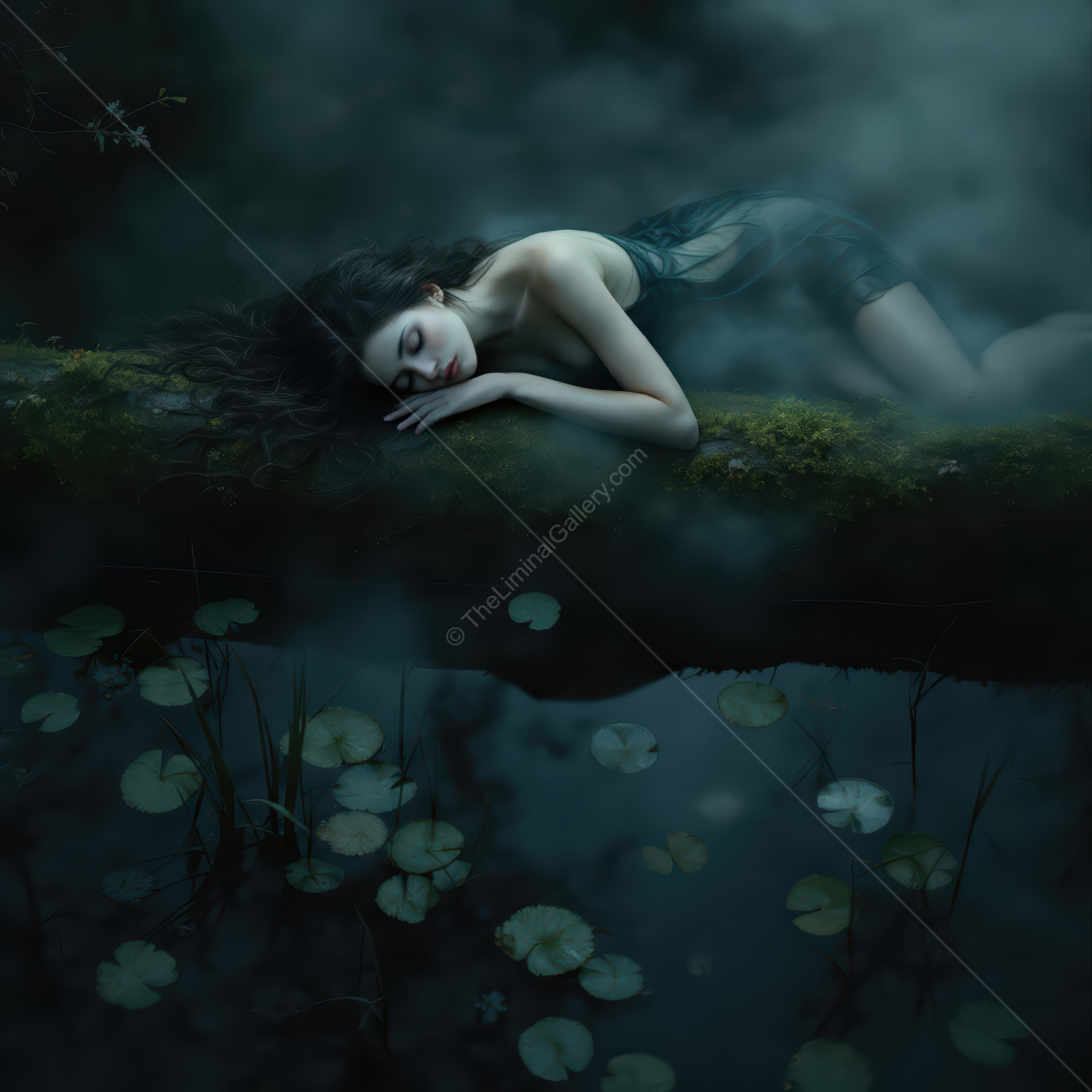Woman reclines on a mossed log by a fogged pond with lily pads while dim reflections and low light frame her dark hair