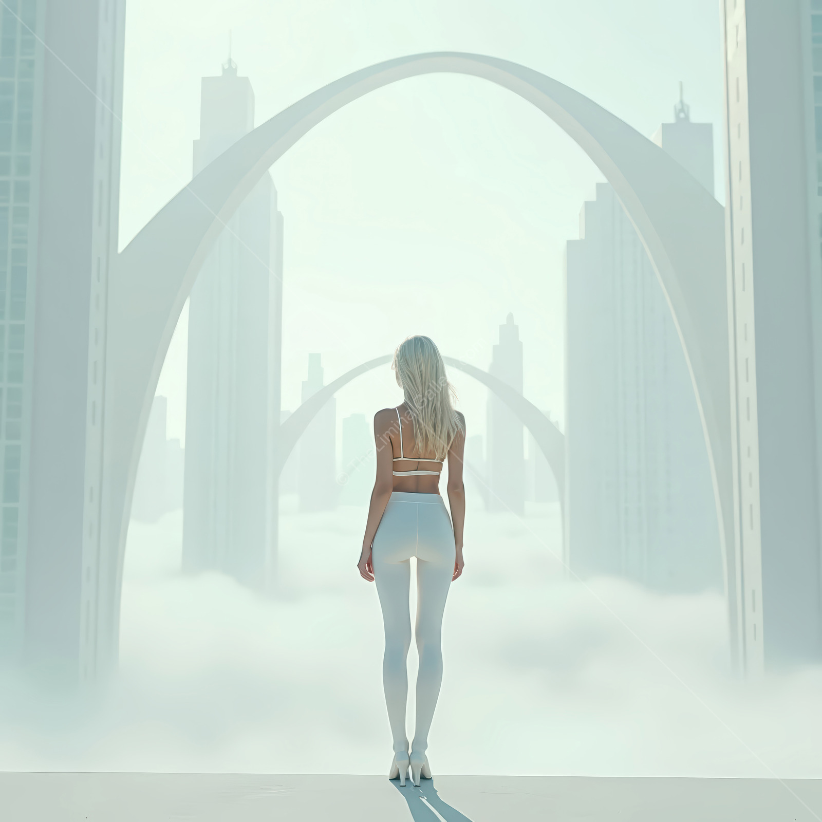 Woman stands at the edge of a fog-filled urban expanse, arched structures lifting from the haze