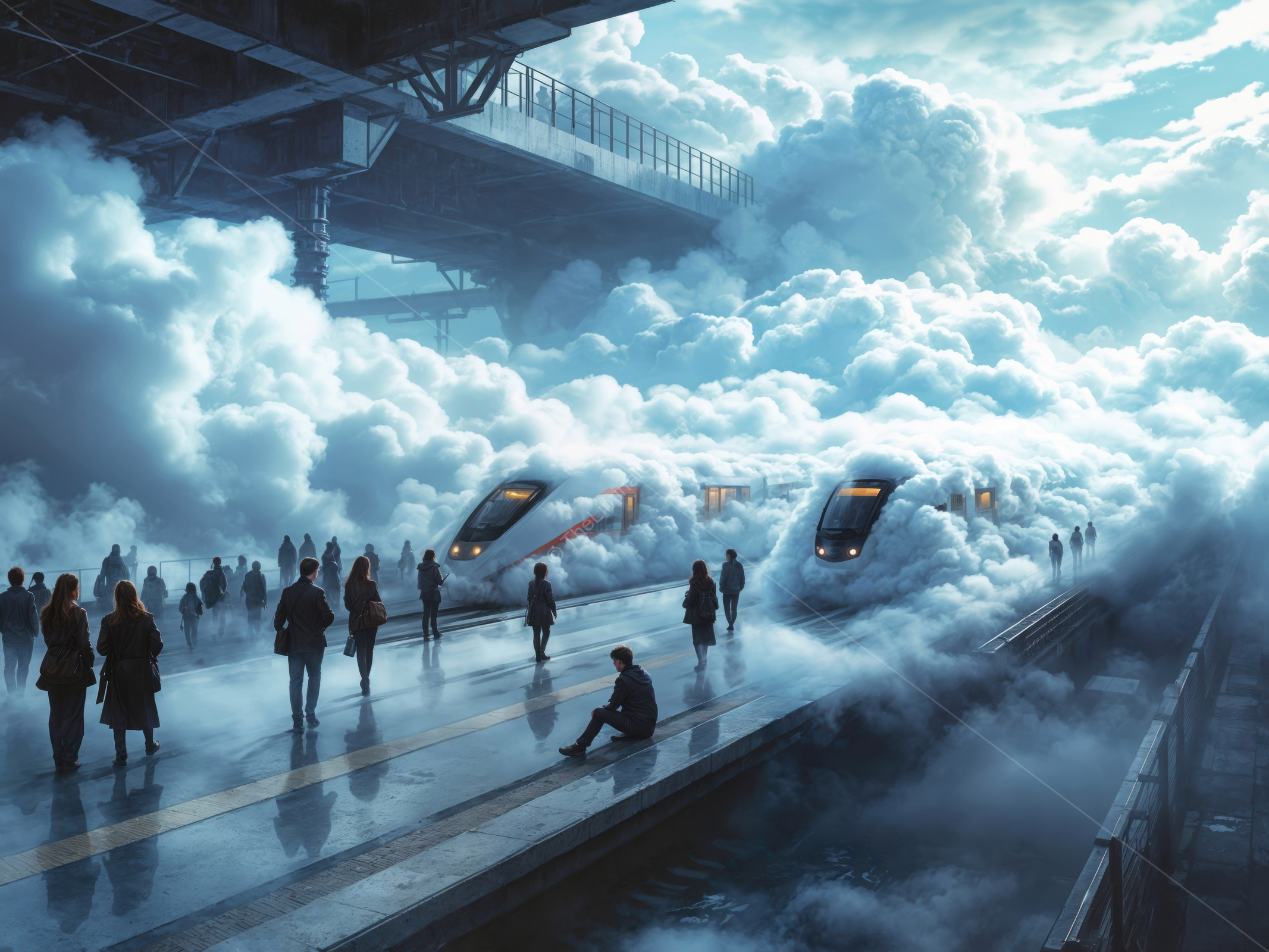 Clouds envelop commuters as trains await in a surreal urban landscape at dusk