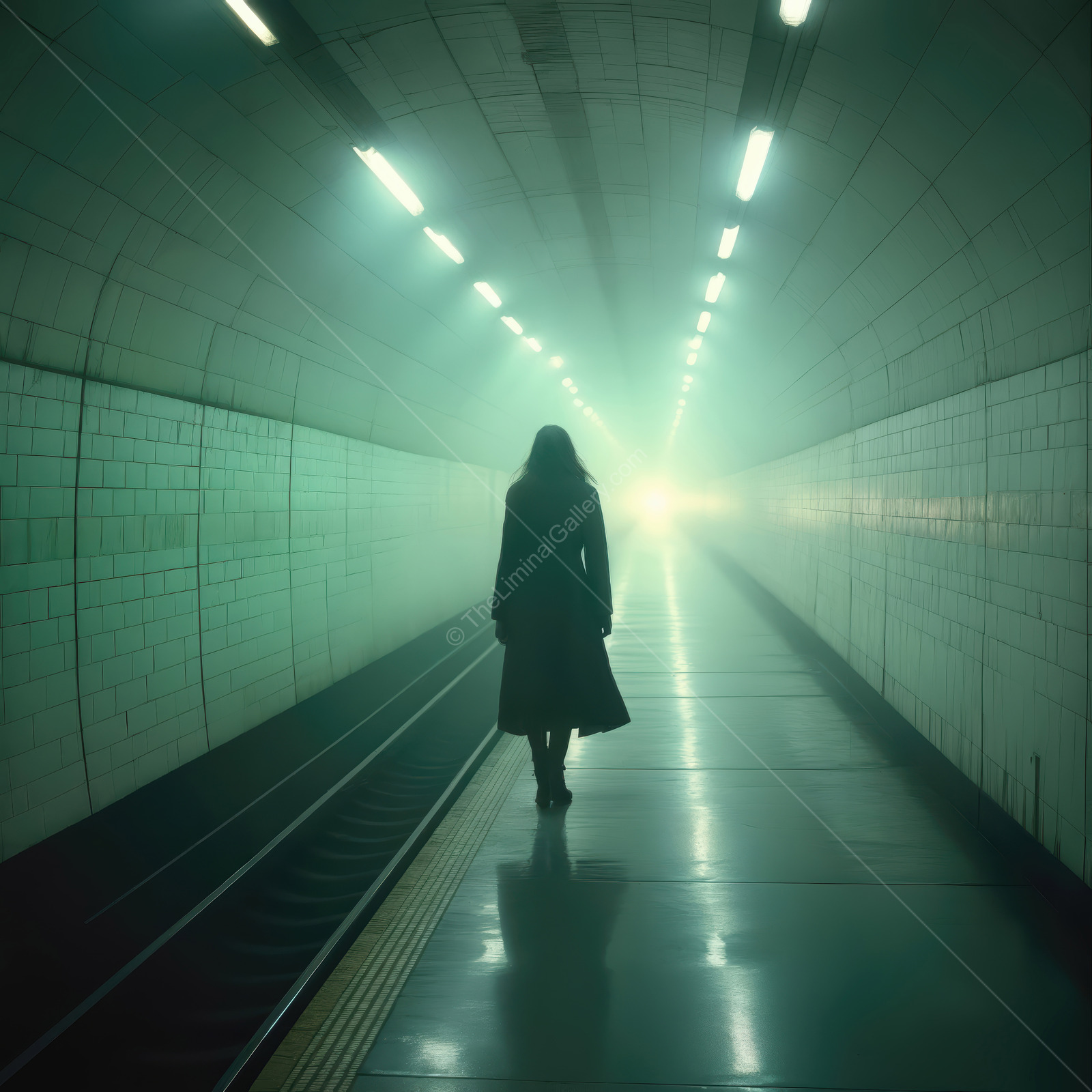 Woman in a long coat strides through a foggy tunnel toward bright lights, rails and wet floor reflecting glow