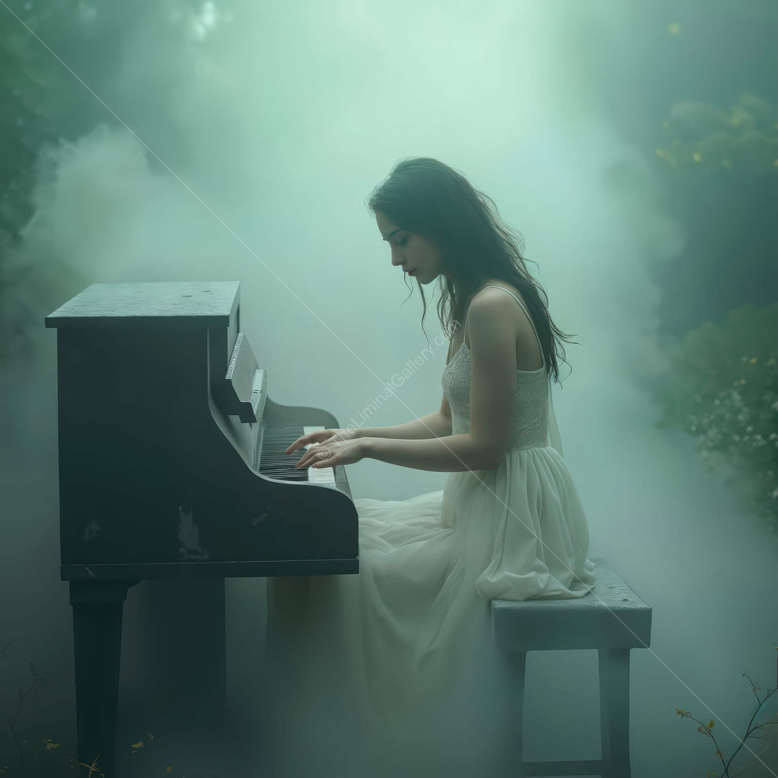 Woman in a white dress plays an old piano in forest fog, twilight light feathering the keys