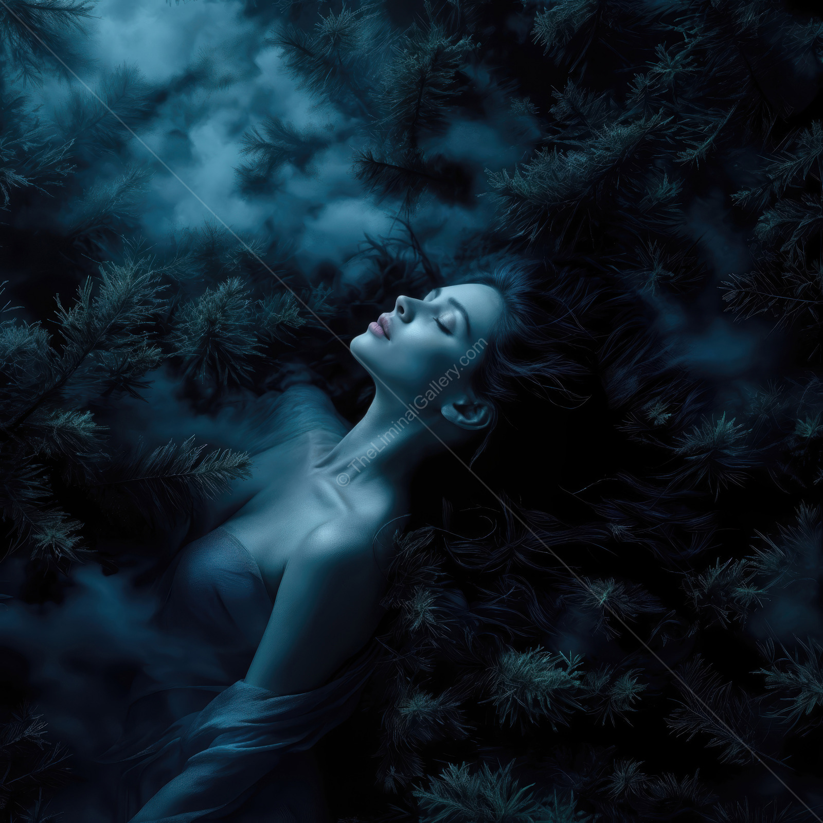 Woman reclines amid forest fog at dusk, foliage framing her calm face as dim light feathers the scene