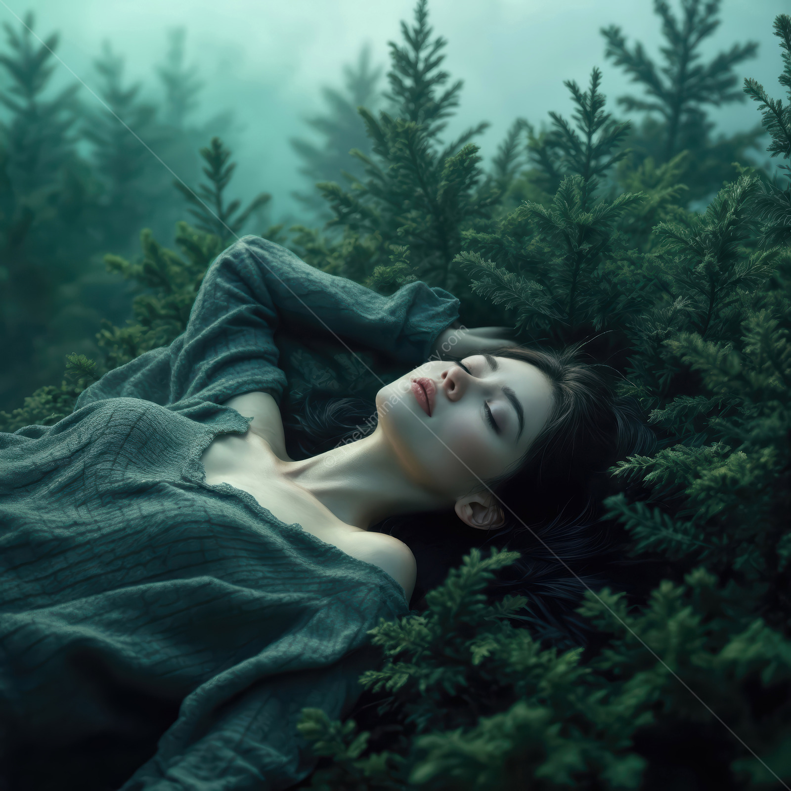 Woman rests on lush groundcover in mist as thin sunbeams pattern her face with leaf shadows inside a quiet forest clearing