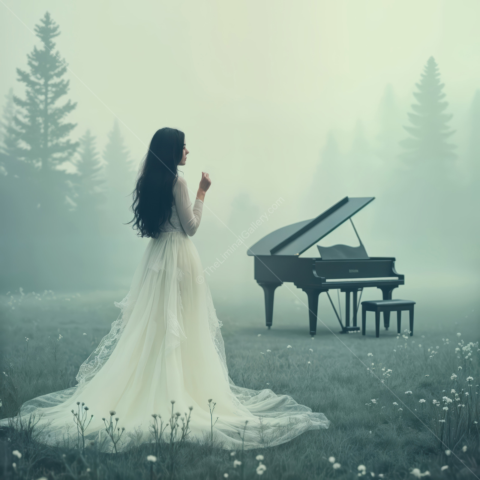 Woman in a white gown stands in forest mist beside a grand piano, twilight sifting through trees
