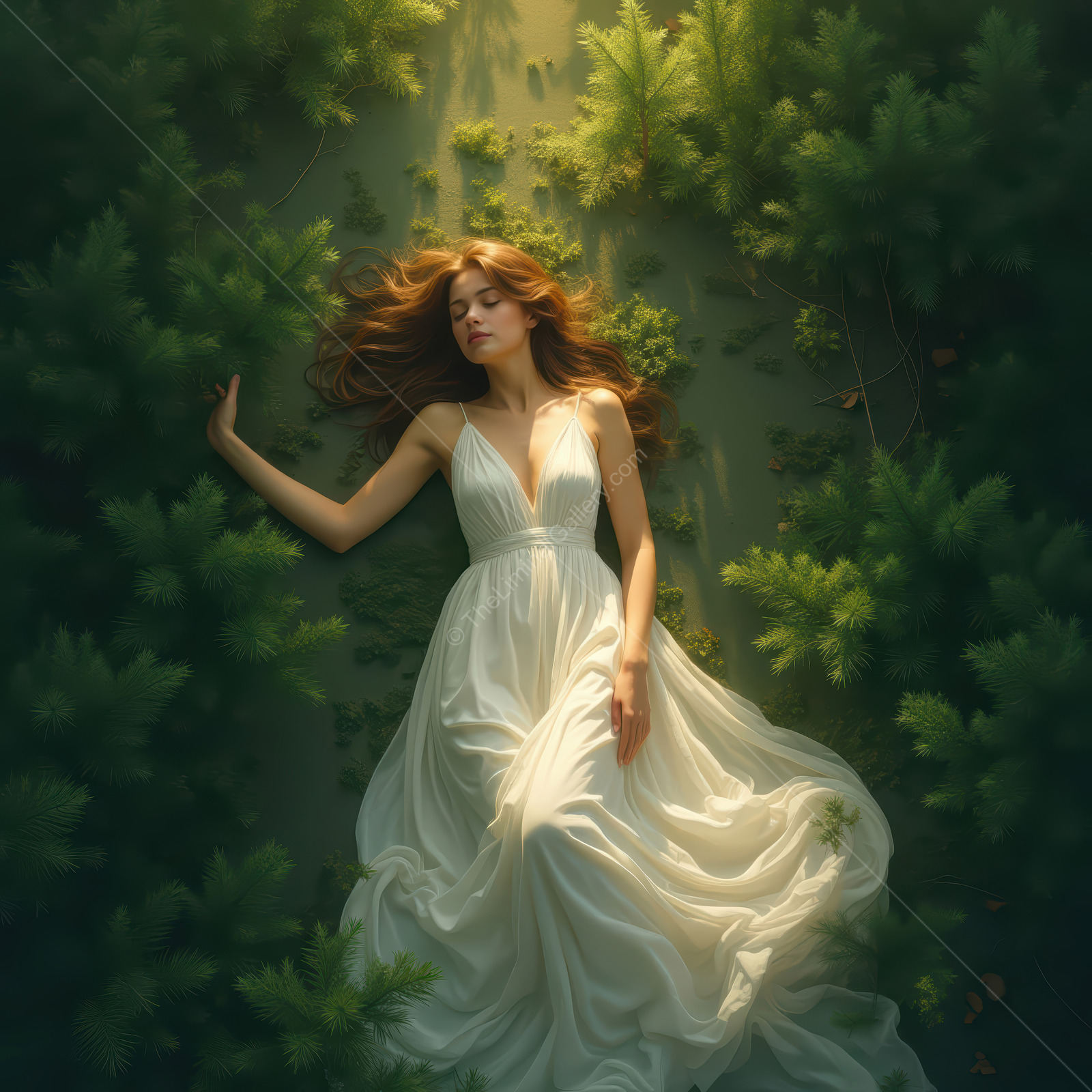 Woman in a white dress lies among ferns and moss as golden hour light filters through leaves and traces her hair across the greenery