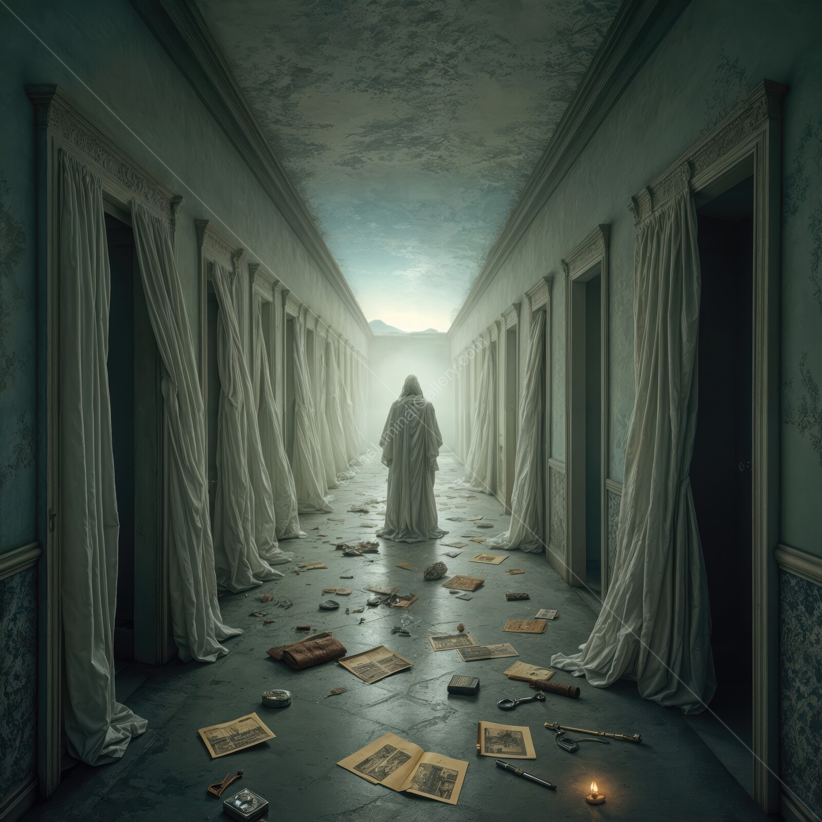 Mystical figure stands in a dimly lit corridor filled with scattered books and shadows of forgotten memories