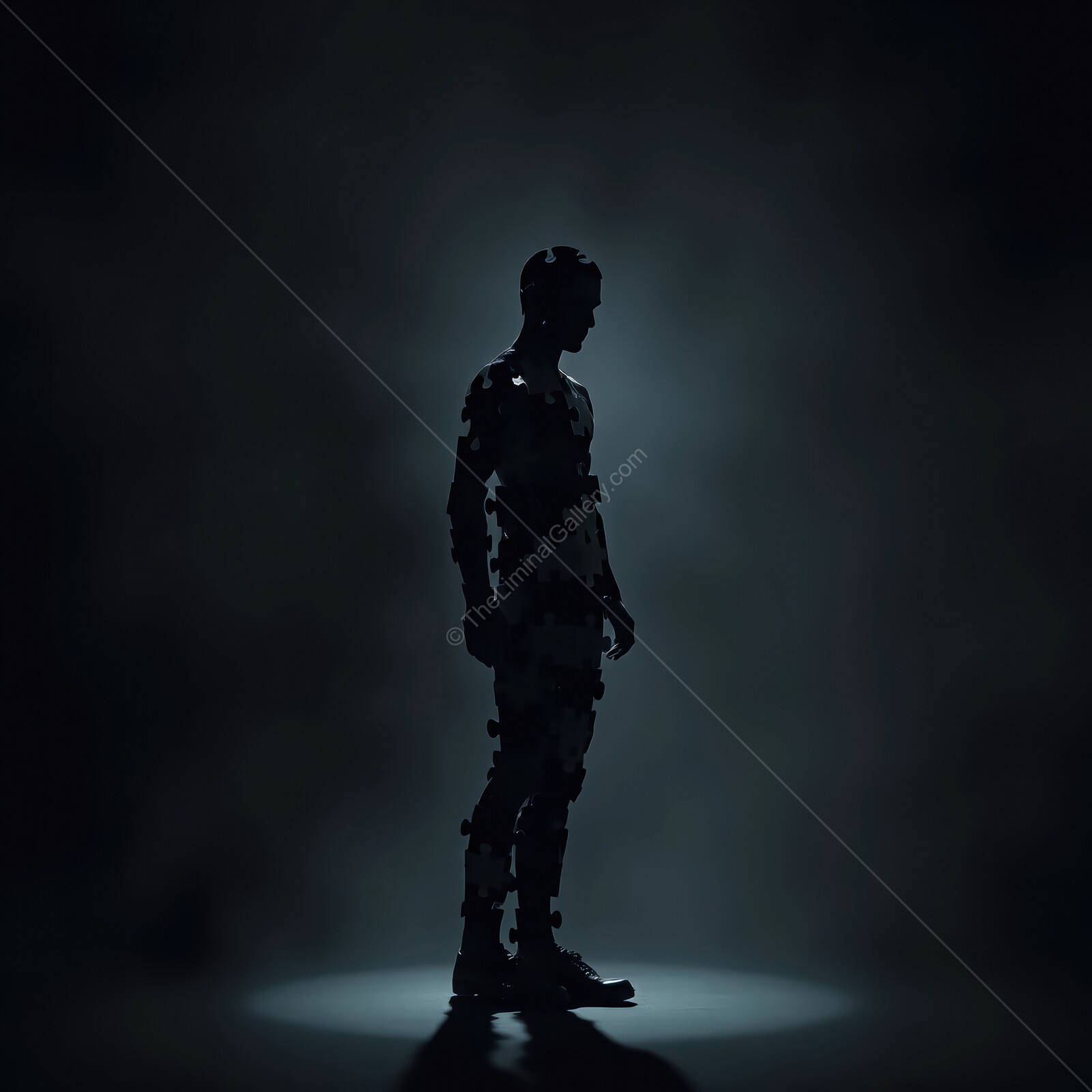 Exploring the essence of identity through a fragmented male in shadowed puzzle illumination